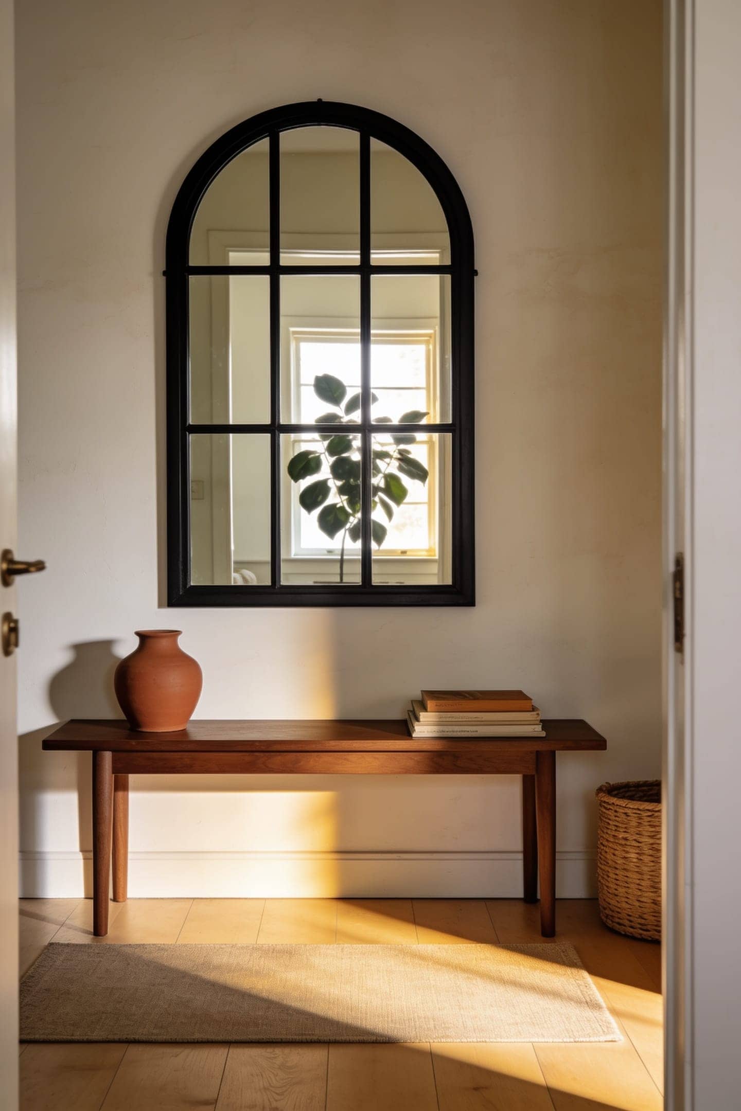 arched floor mirror leaning against a warm neutral entryway wall