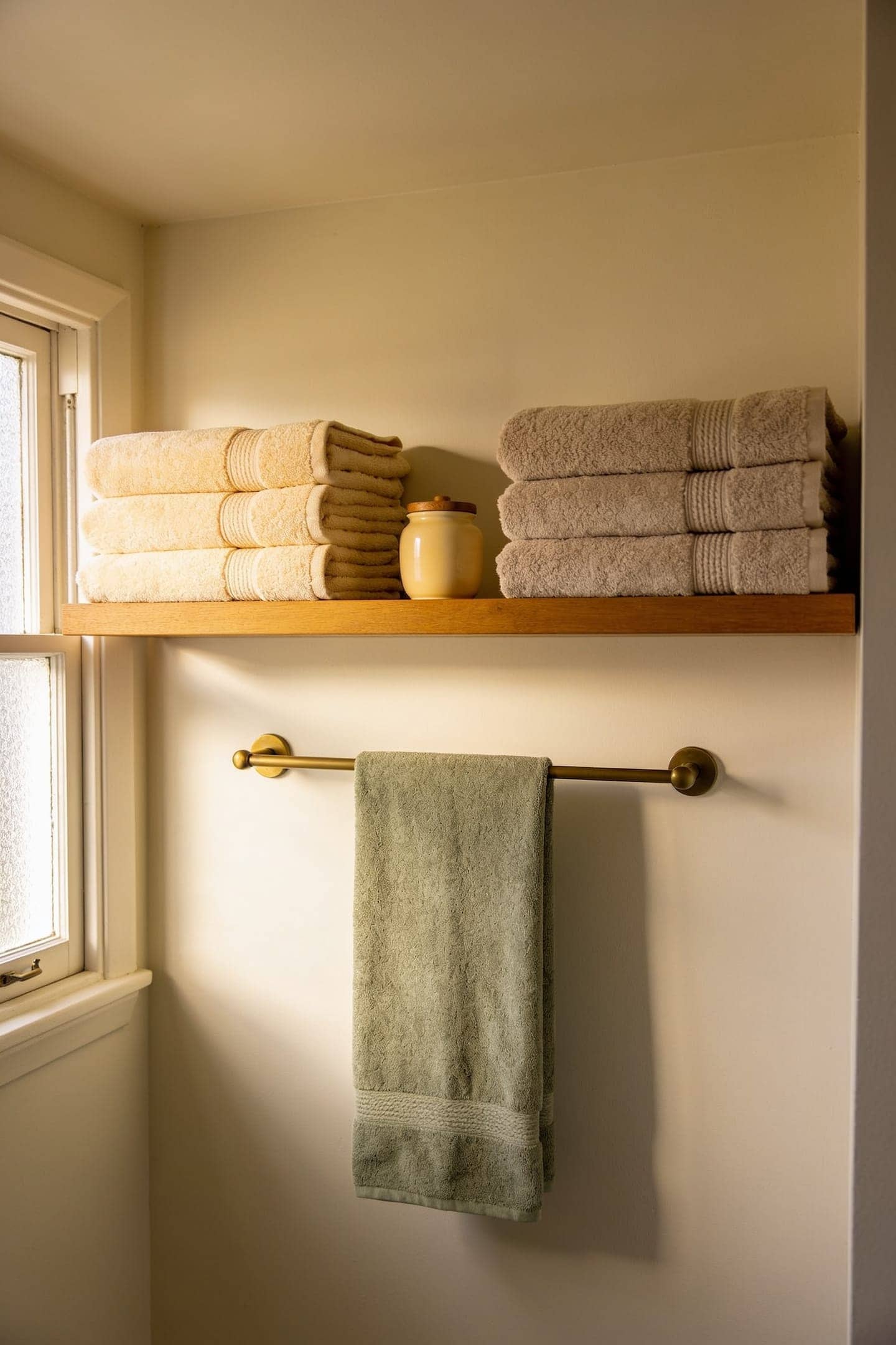 stack of folded warm white and oatmeal bath towels on a wooden stool in a small rental bathroom