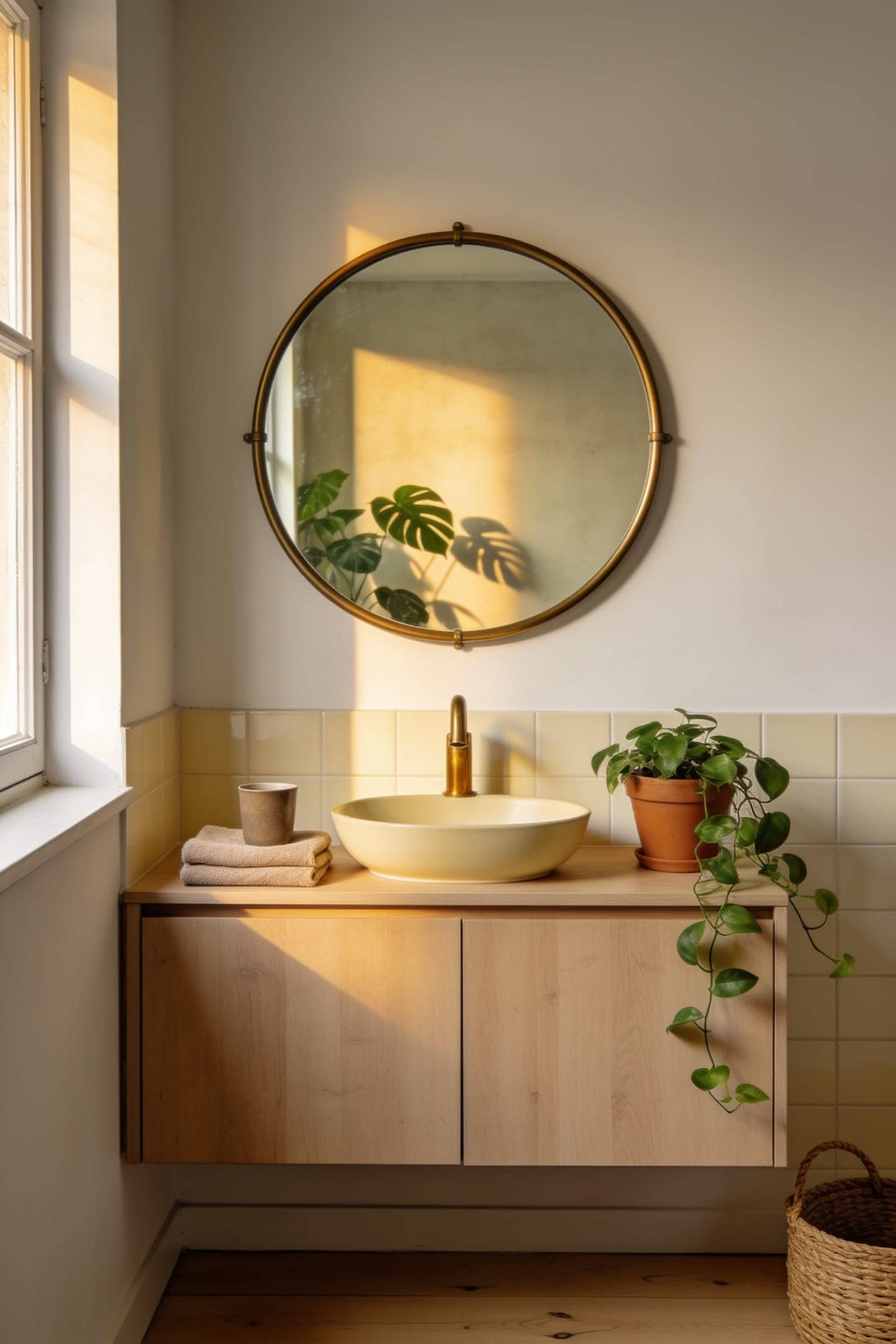 brushed nickel rounded rectangle mirror hung above a small bathroom vanity