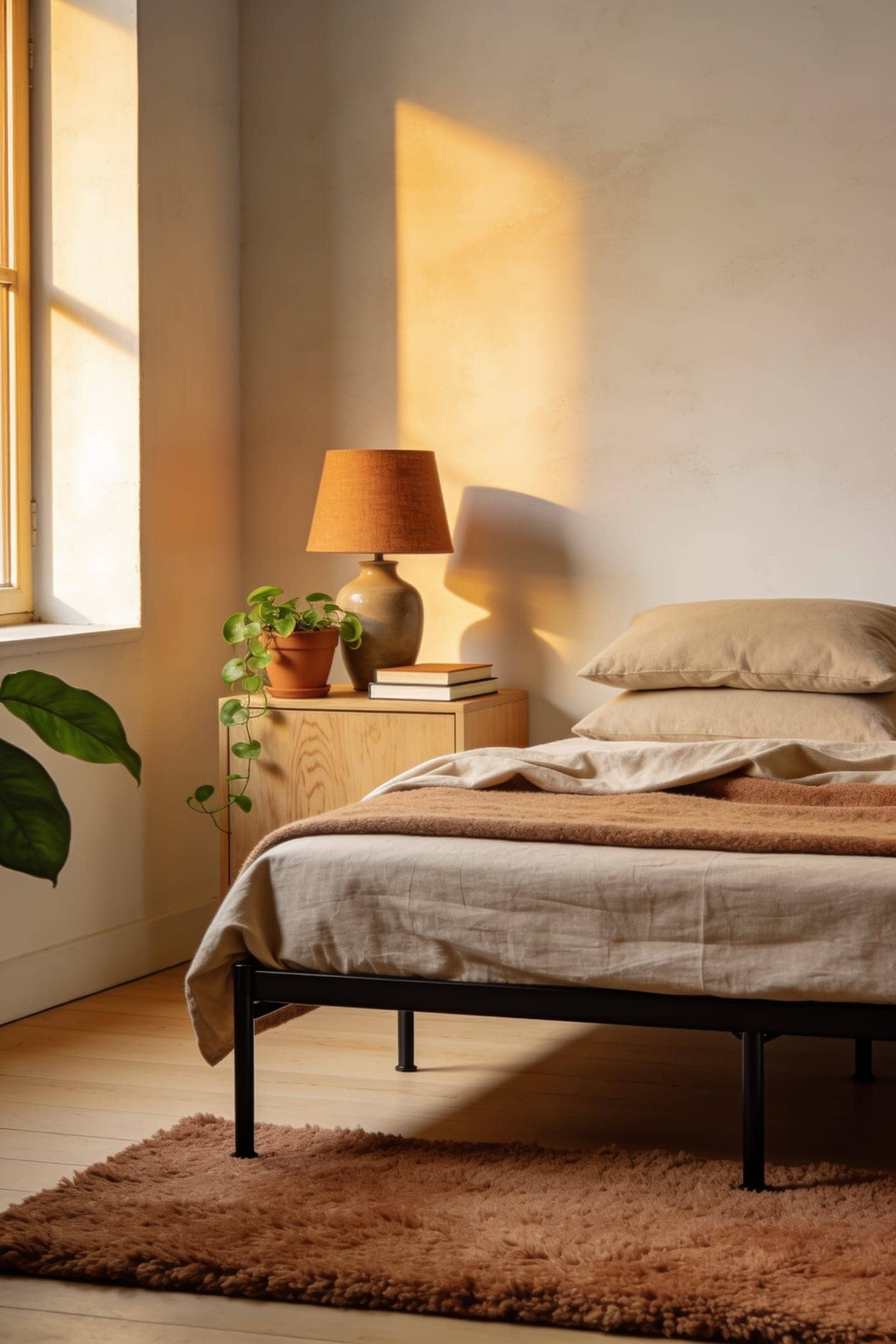low metal platform bed with white bedding in a warm neutral bedroom