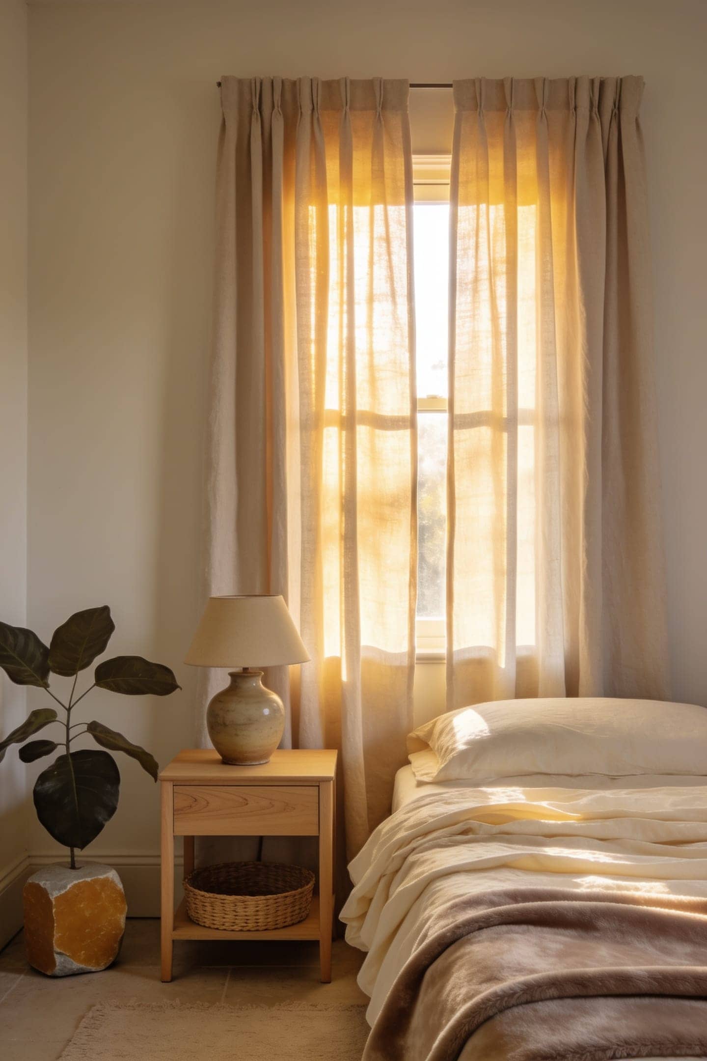 linen curtains styled bedroom