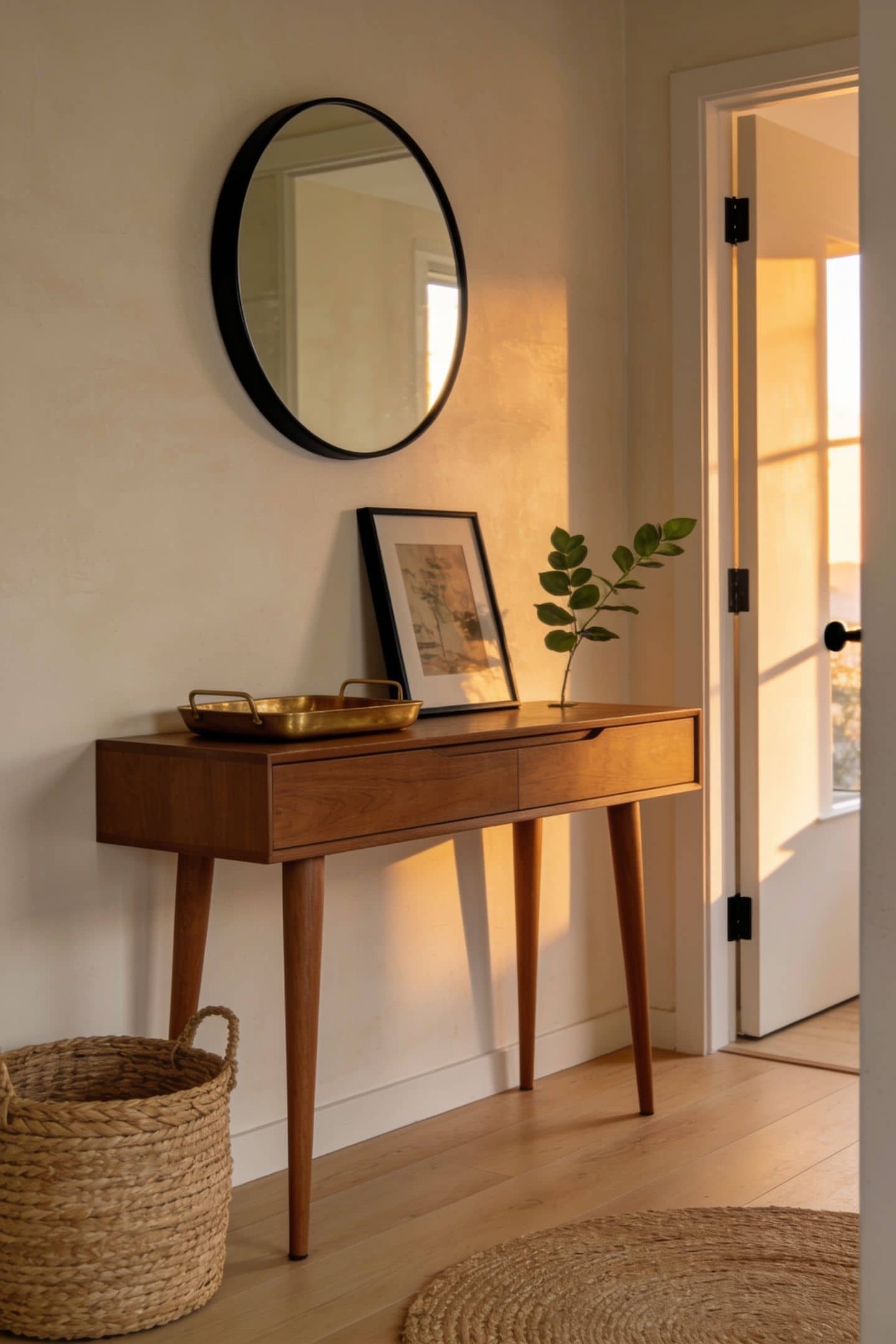 narrow budget console table styled in a small apartment entryway
