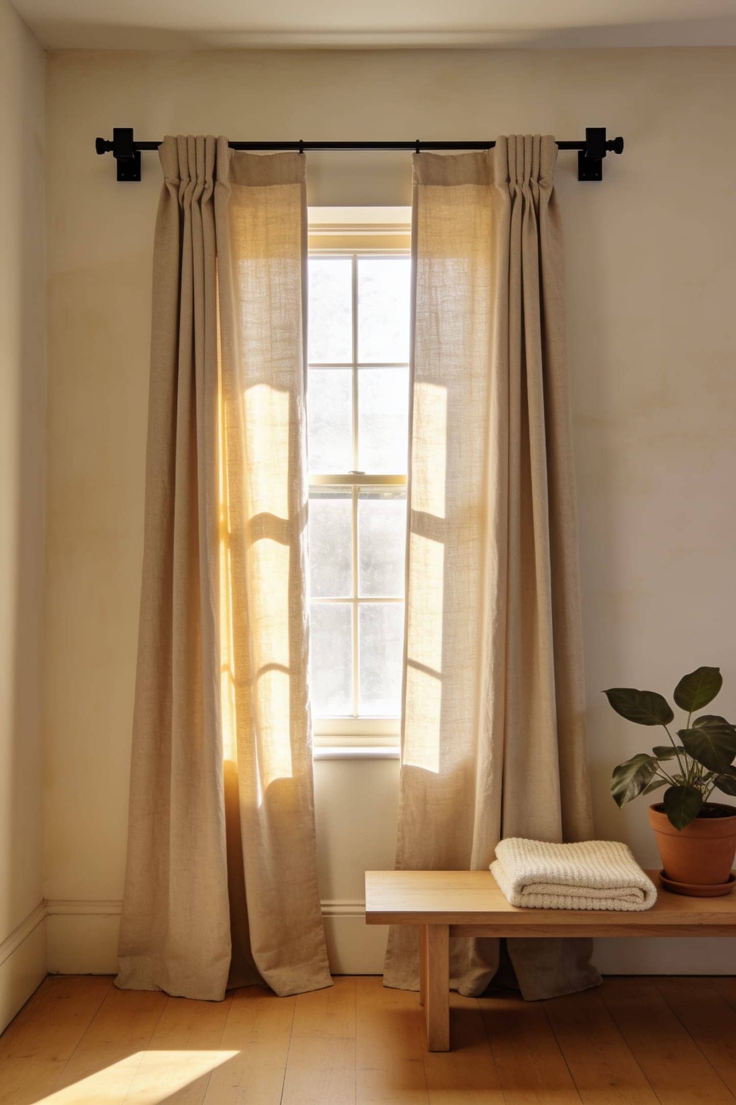 matte black curtain rod mounted high and wide above a living room window