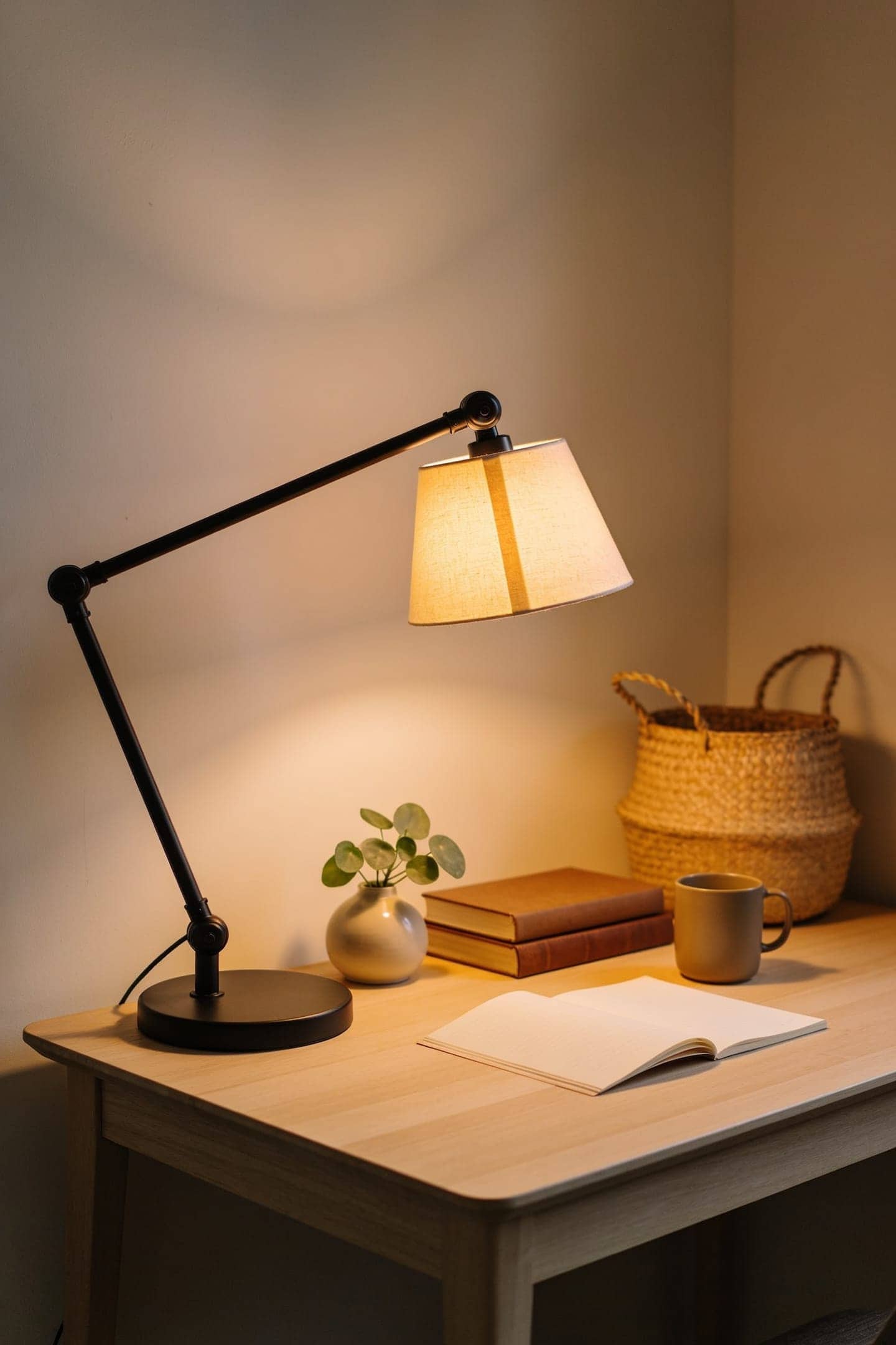 warm budget desk lamp lighting a small wood home office desk