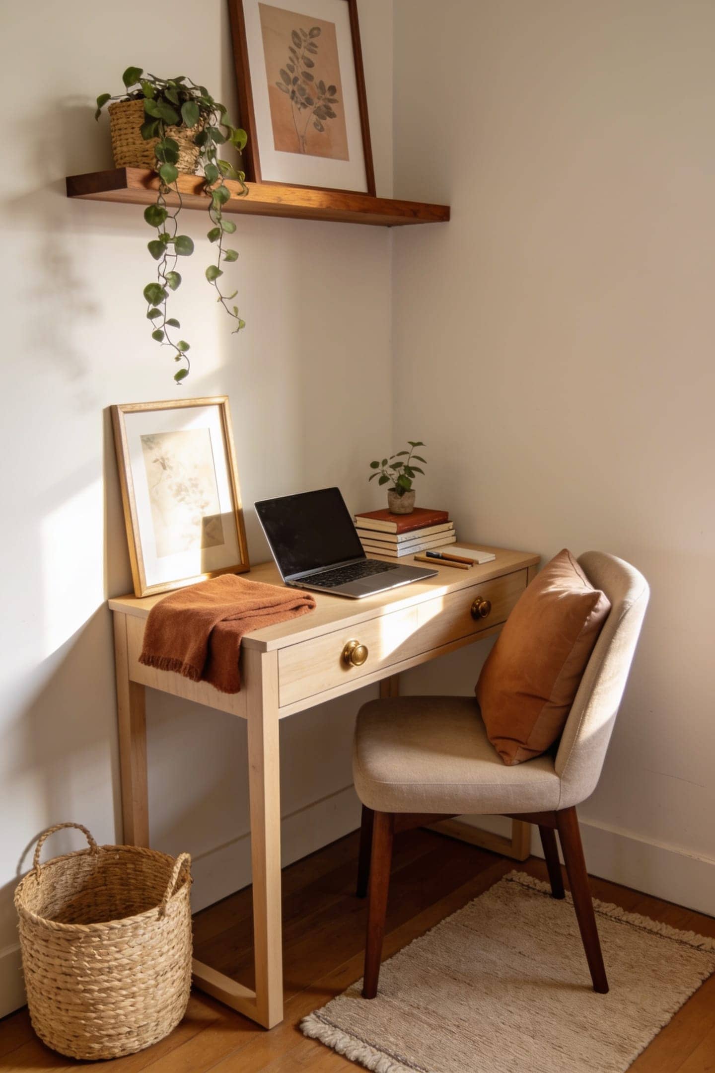 narrow small-space desk styled in the corner of an apartment