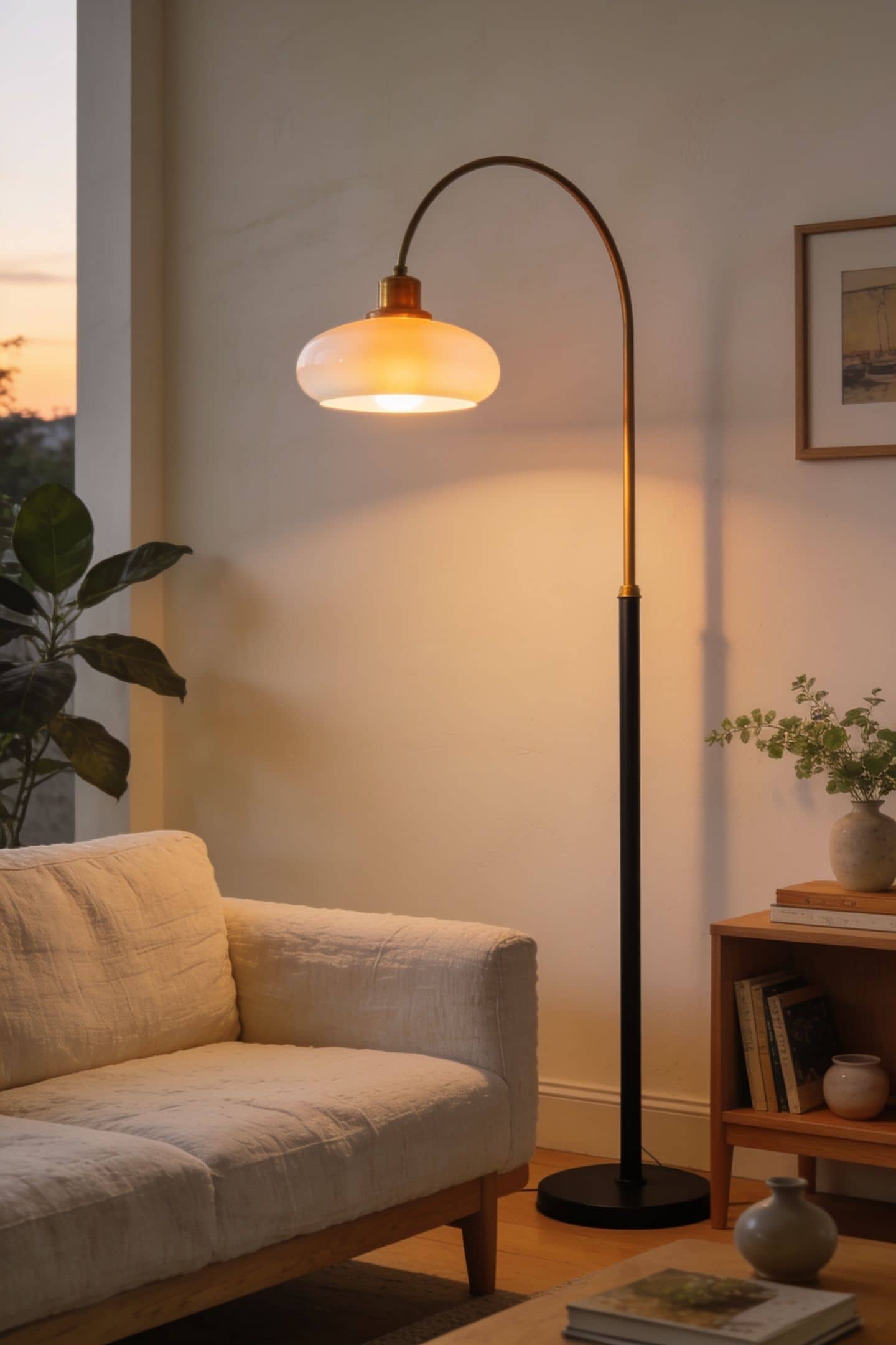 budget arc floor lamp glowing warm over a living room sofa