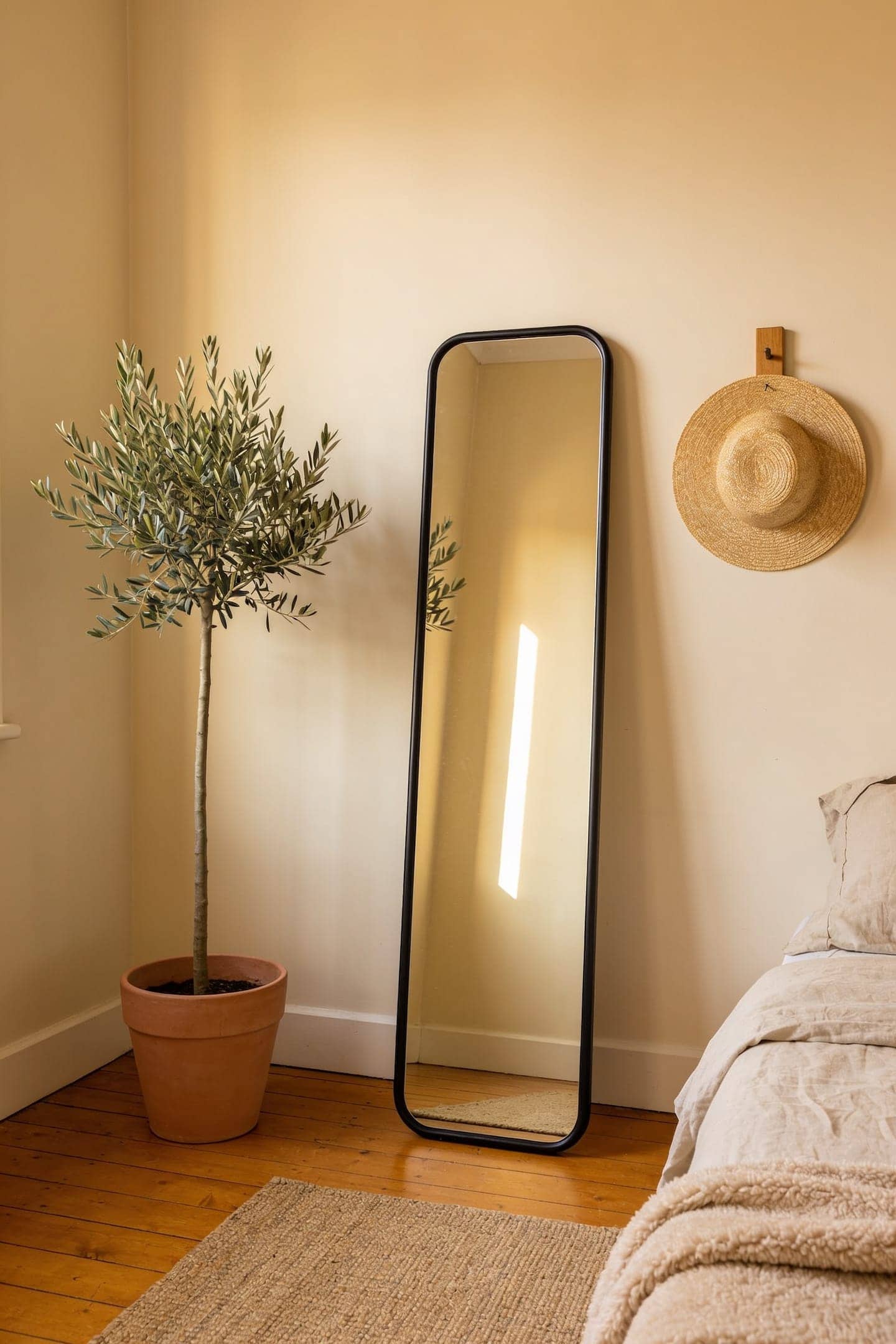 slim black full length mirror leaning against a warm white wall in a small sunlit bedroom