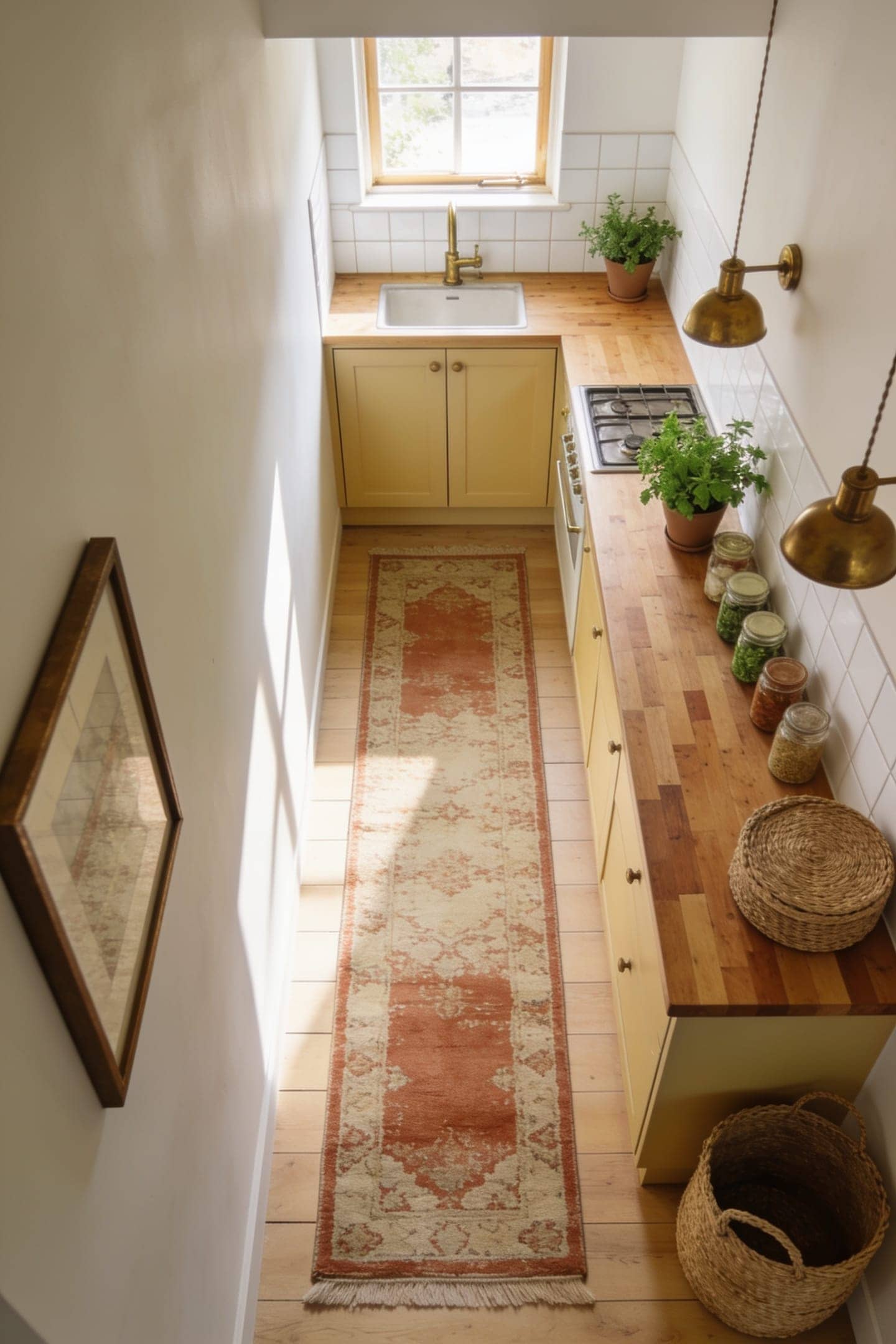 washable budget kitchen runner rug on the floor of a small kitchen