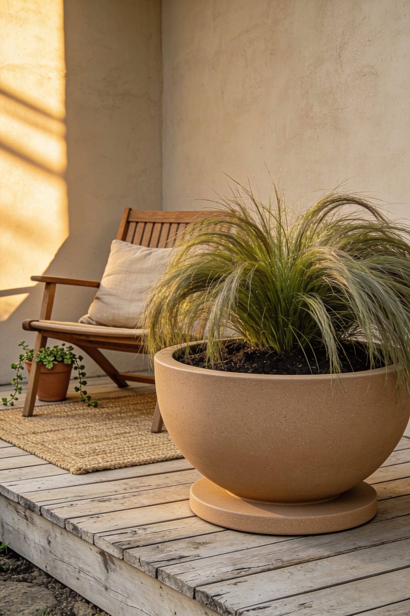 extra large stone look planter with an olive tree beside a front door