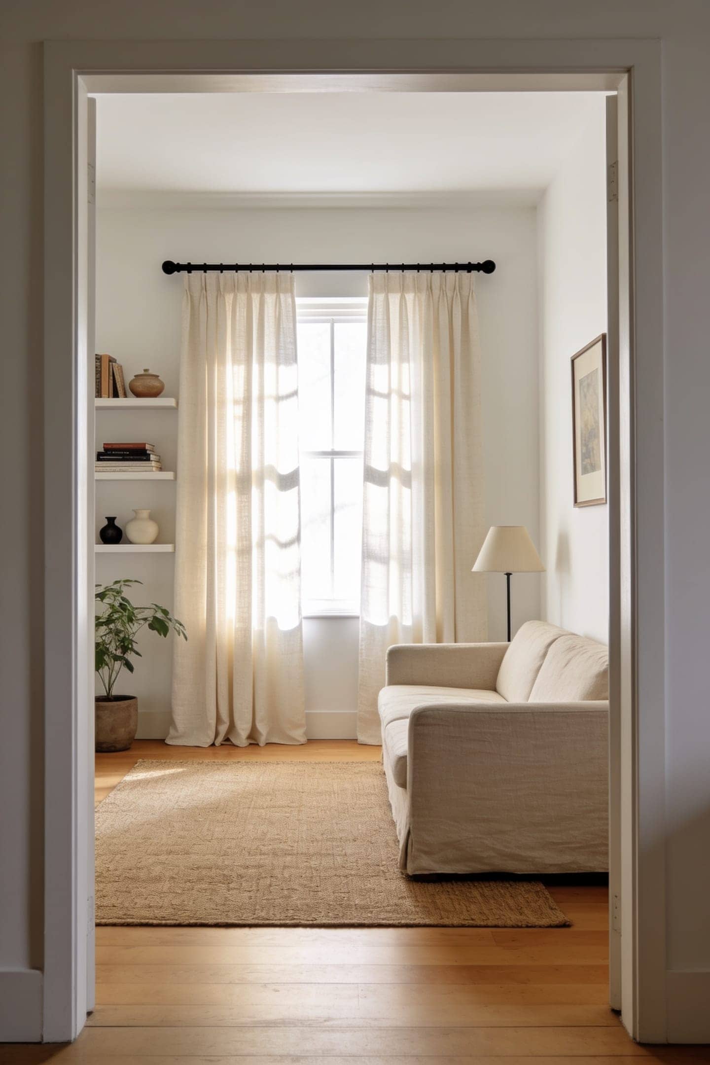 oatmeal linen-look curtains hanging floor length in a living room