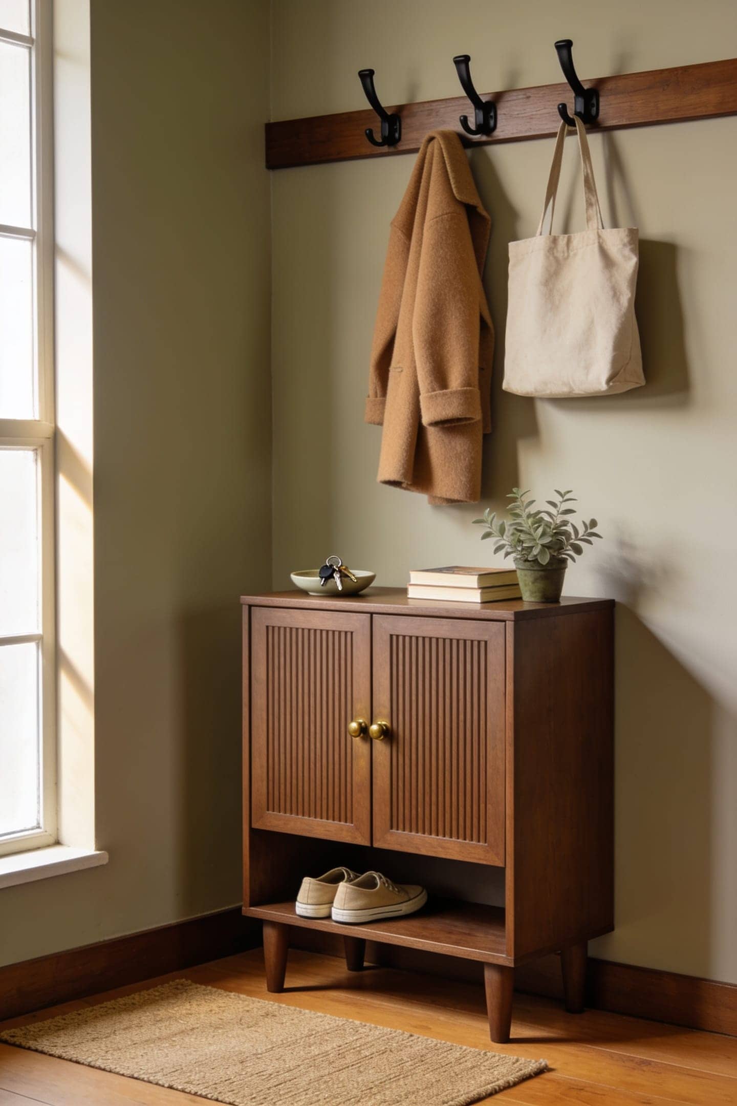 narrow mudroom wall with a walnut cabinet with fluted doors, hooks and a bench