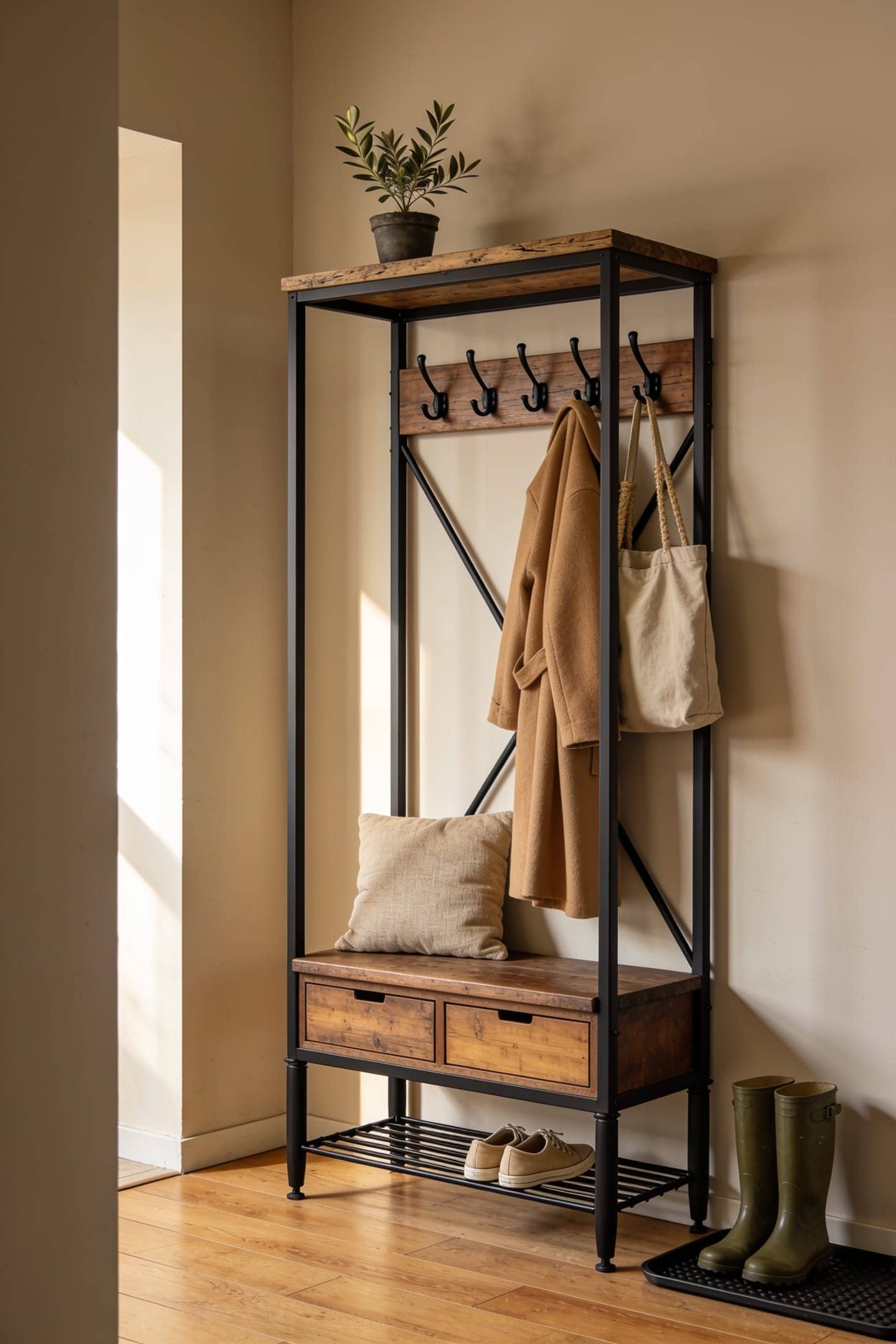 small entryway with a wood and black metal hall tree, a boot tray and a woven rug by the door