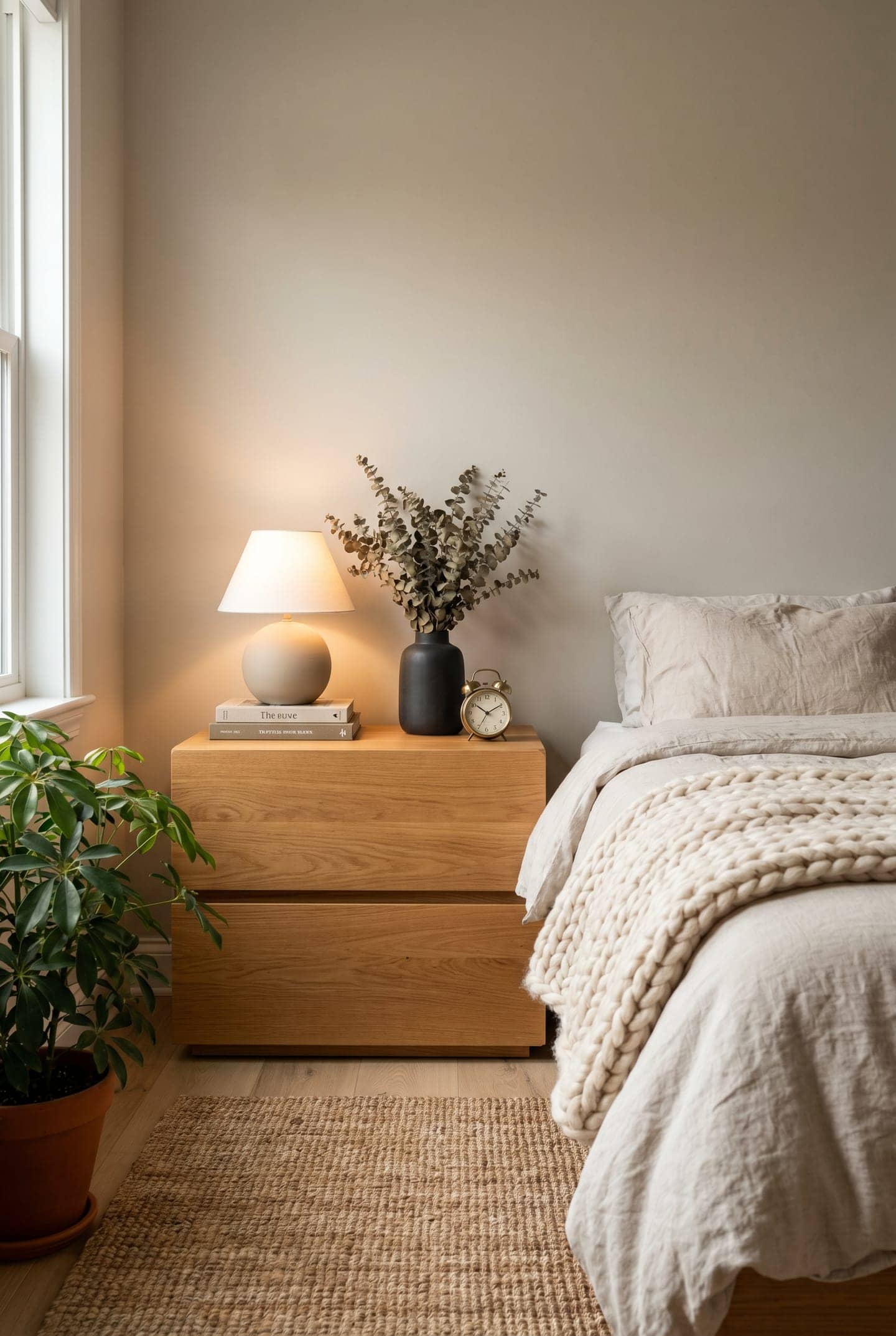 wood nightstand styled