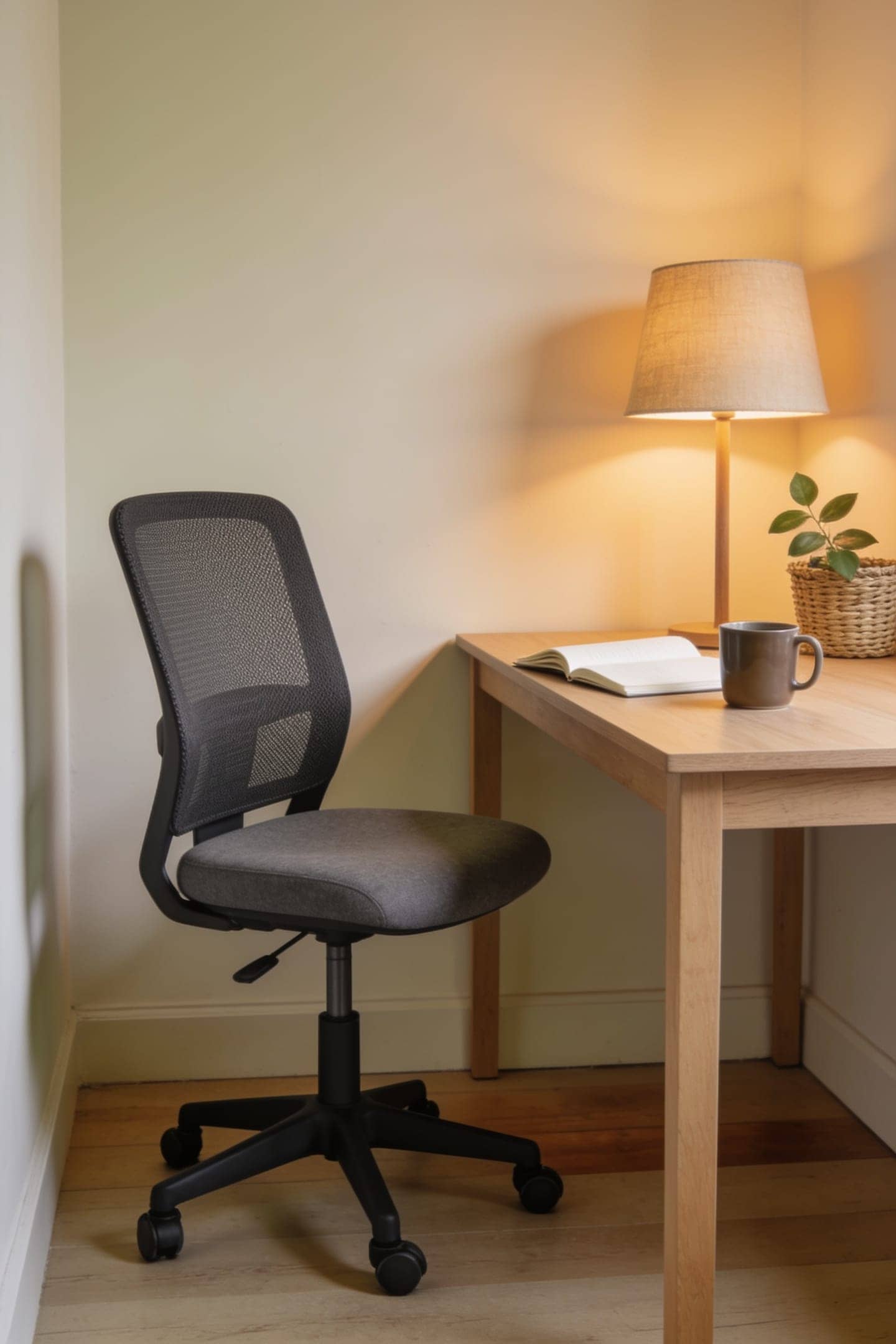 budget office chair at a small wood desk in a warm home office