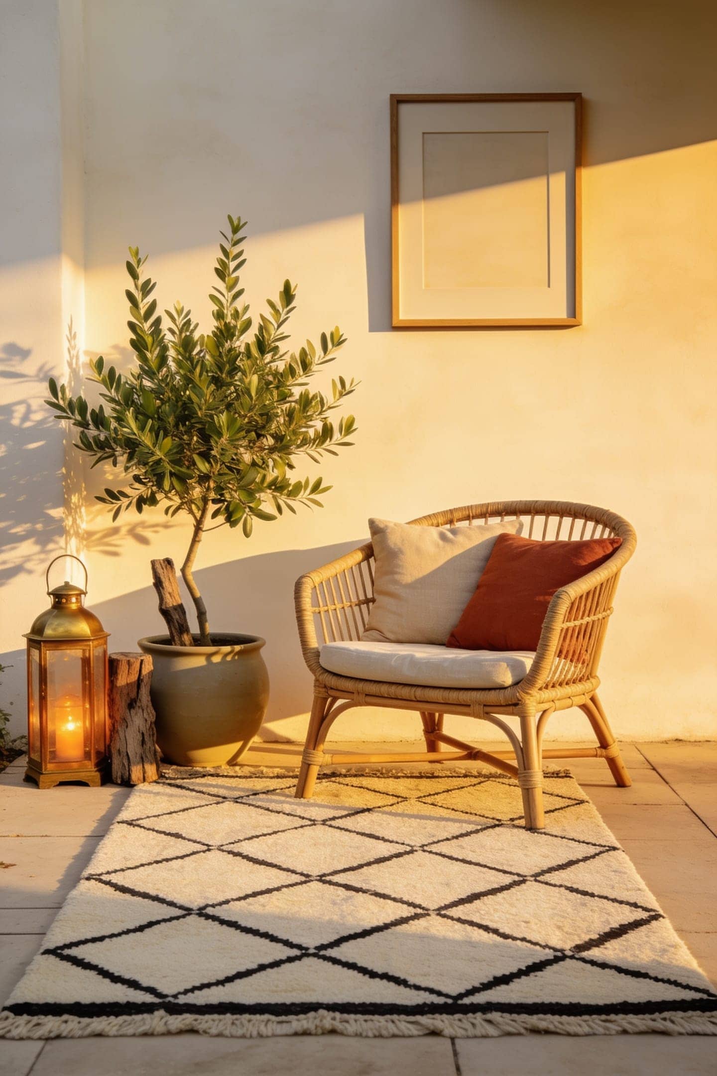 budget outdoor rug grounding a styled patio at golden hour