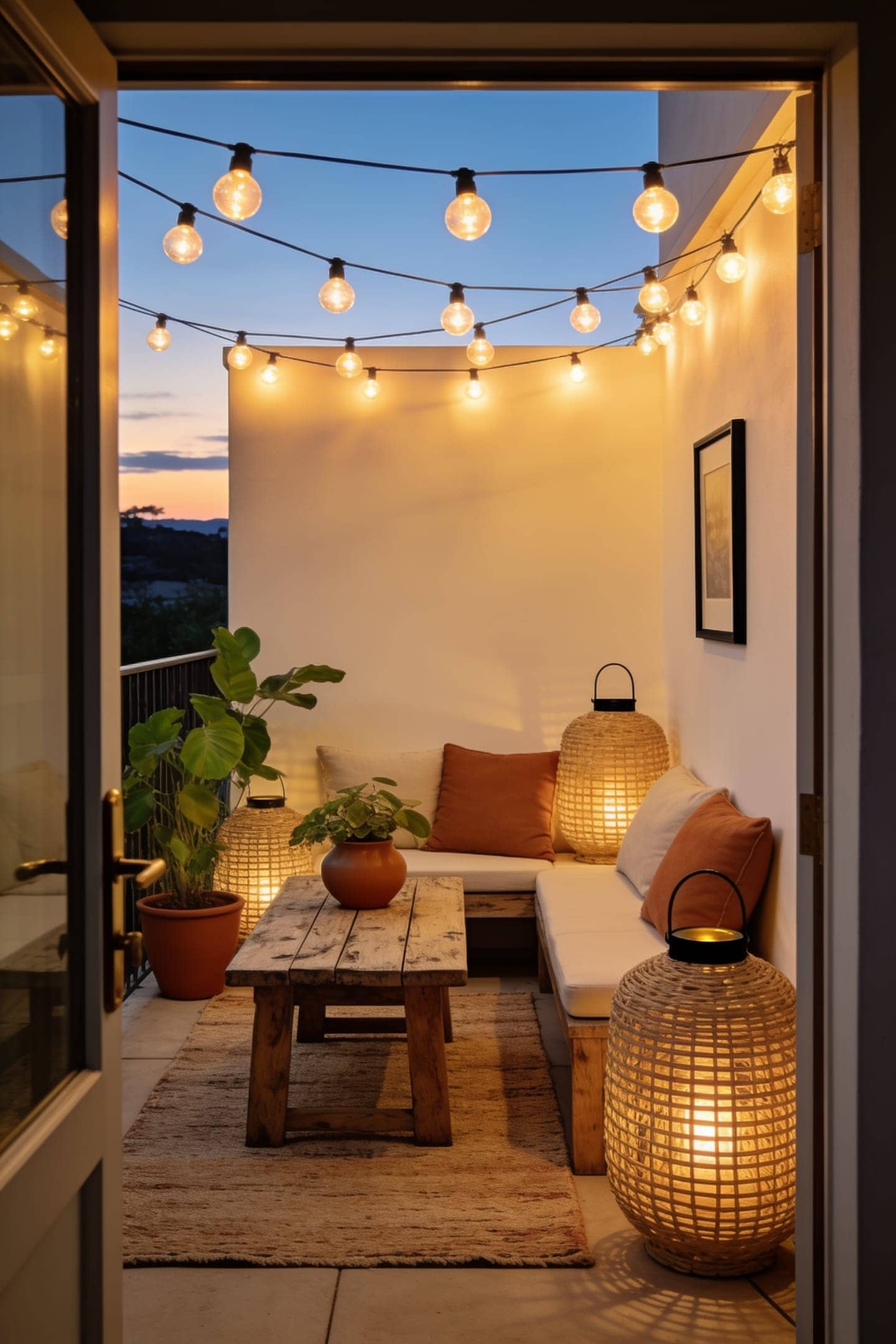 warm outdoor string lights glowing over a patio at dusk