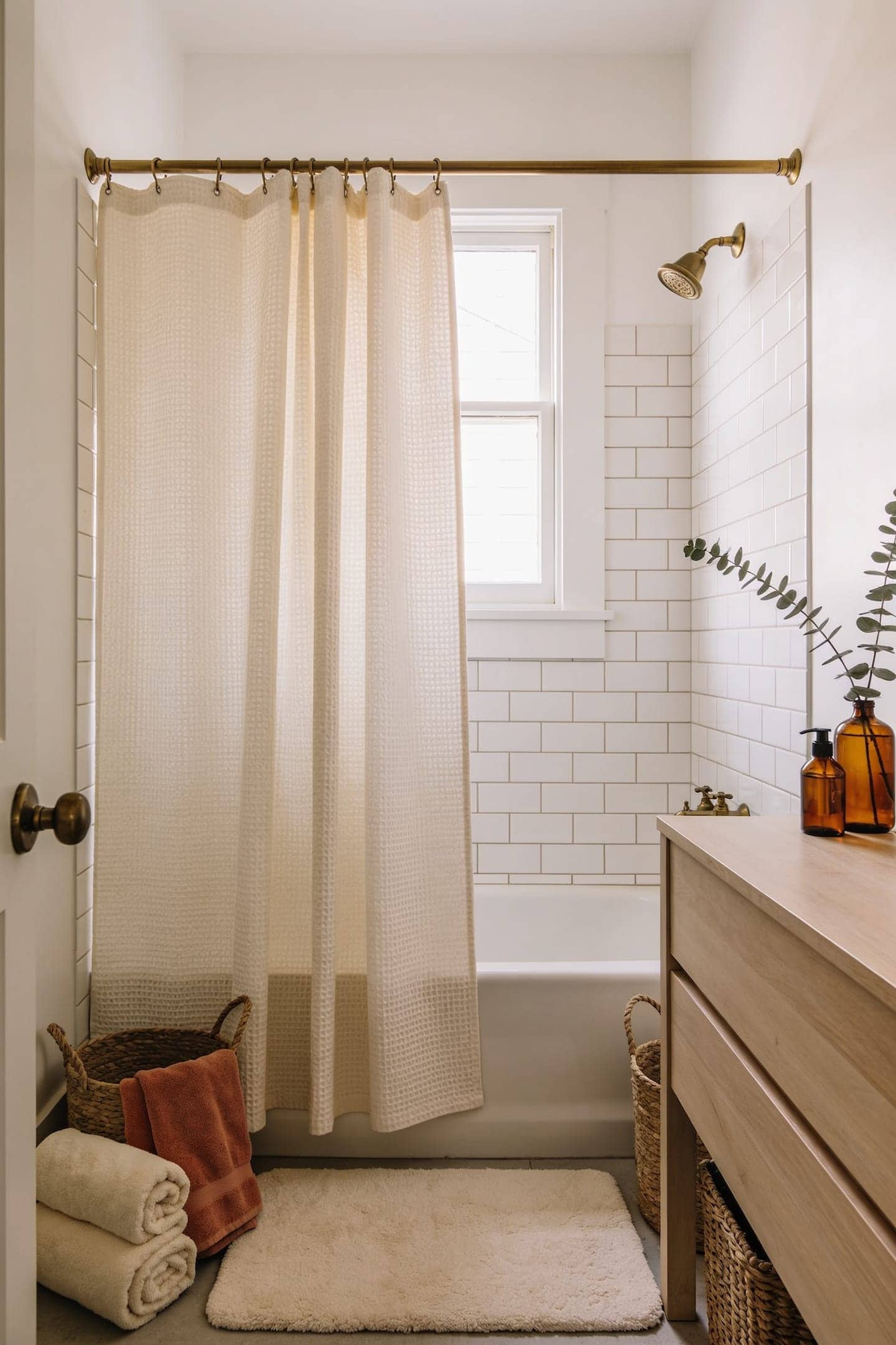 waffle weave fabric shower curtain hung in a small bright bathroom