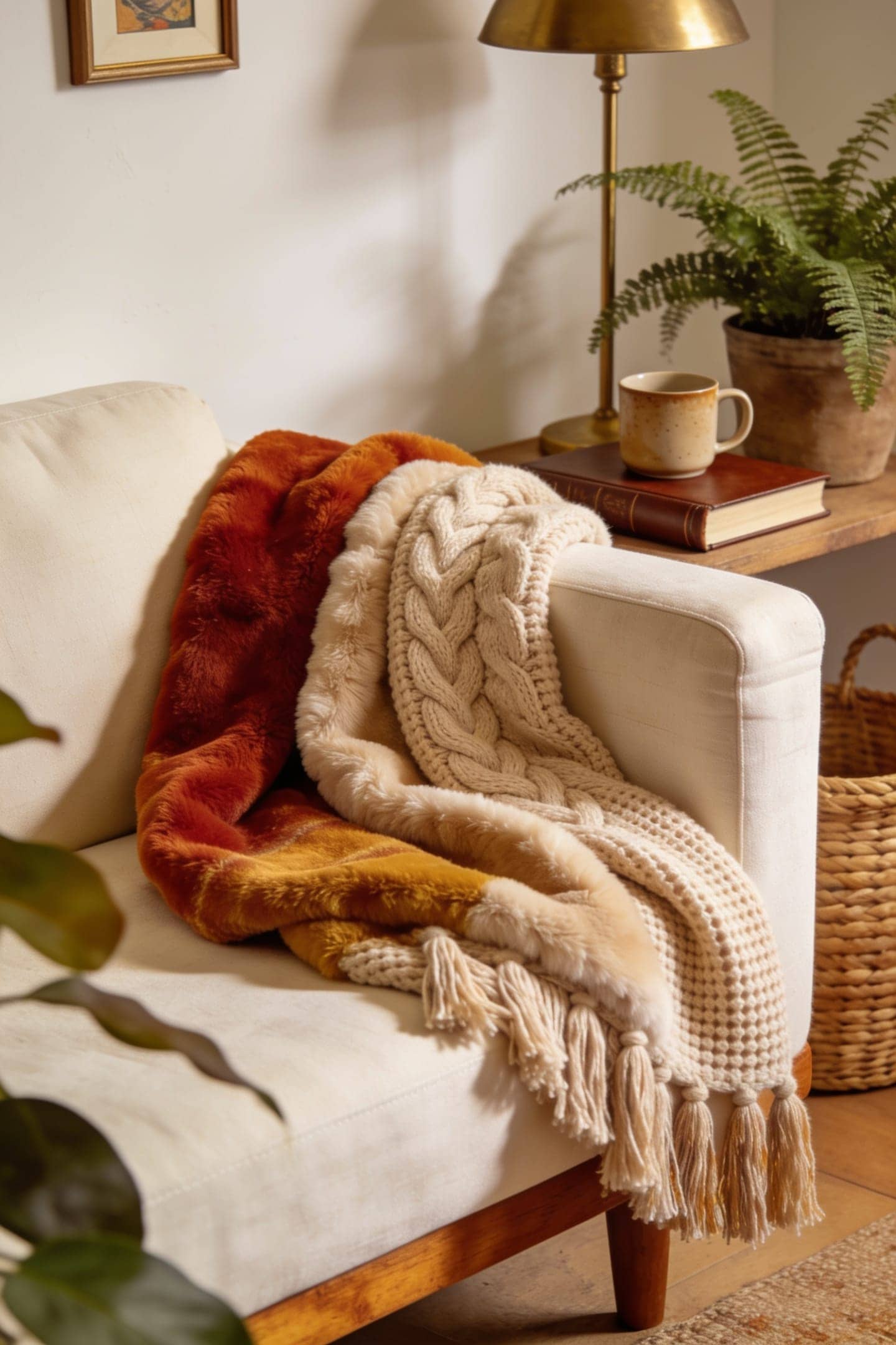 folded chunky knit and faux fur throw blankets in warm fall tones