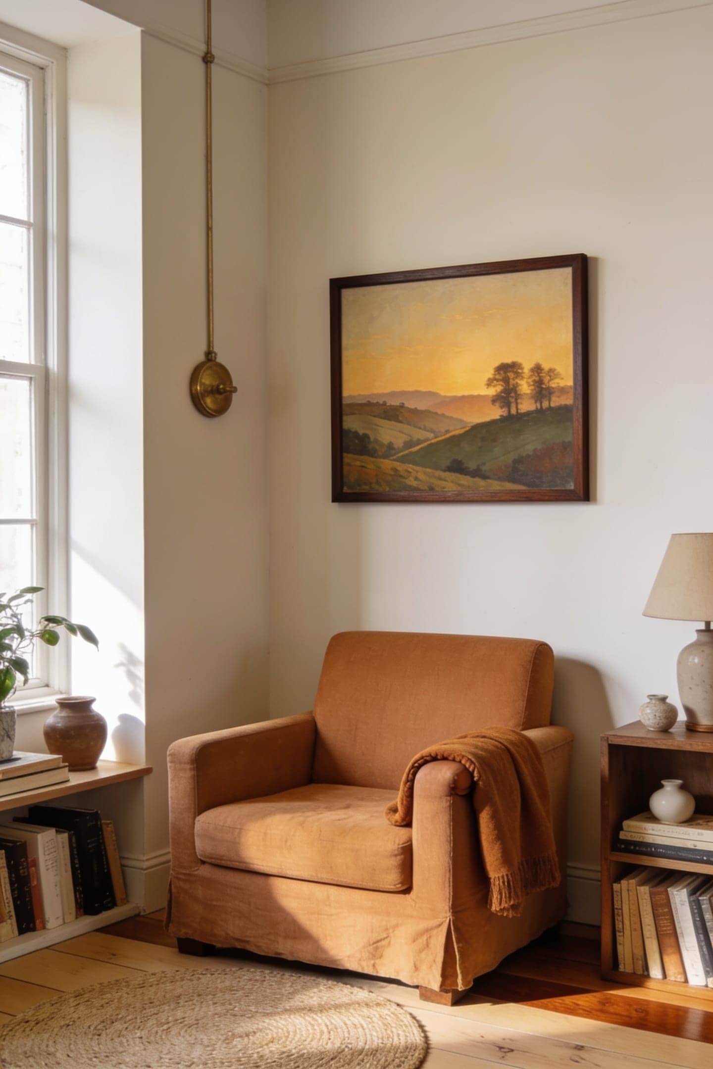 framed abstract art set in warm neutrals over a living room console