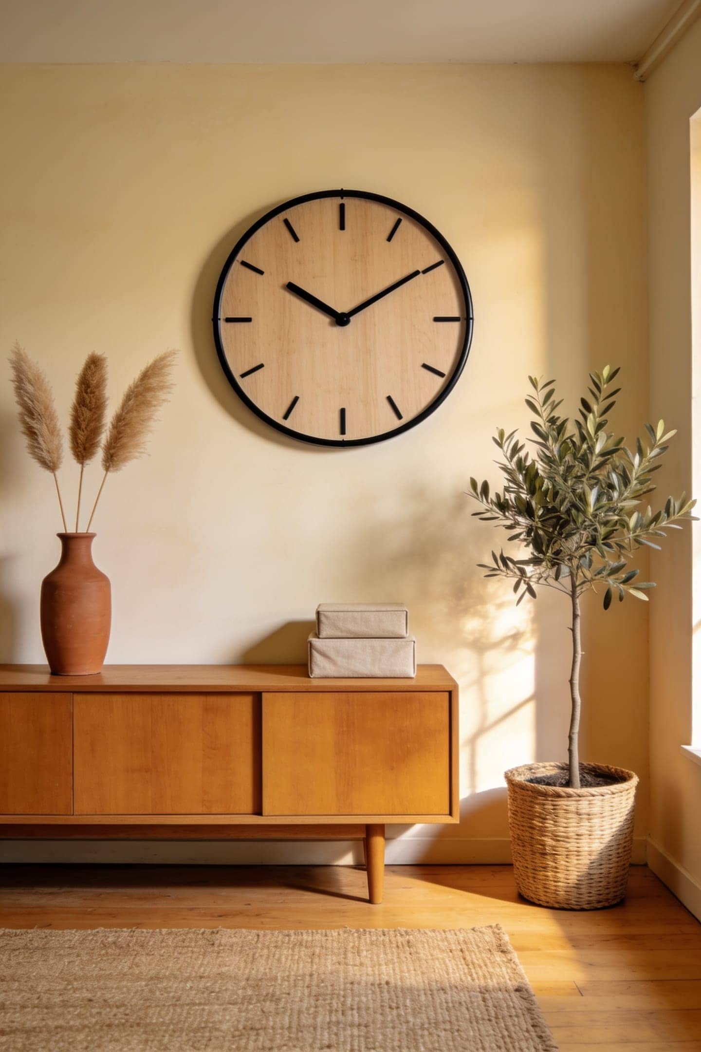 large round wall clock with a light wood face hanging above a linen sofa in a warm living room