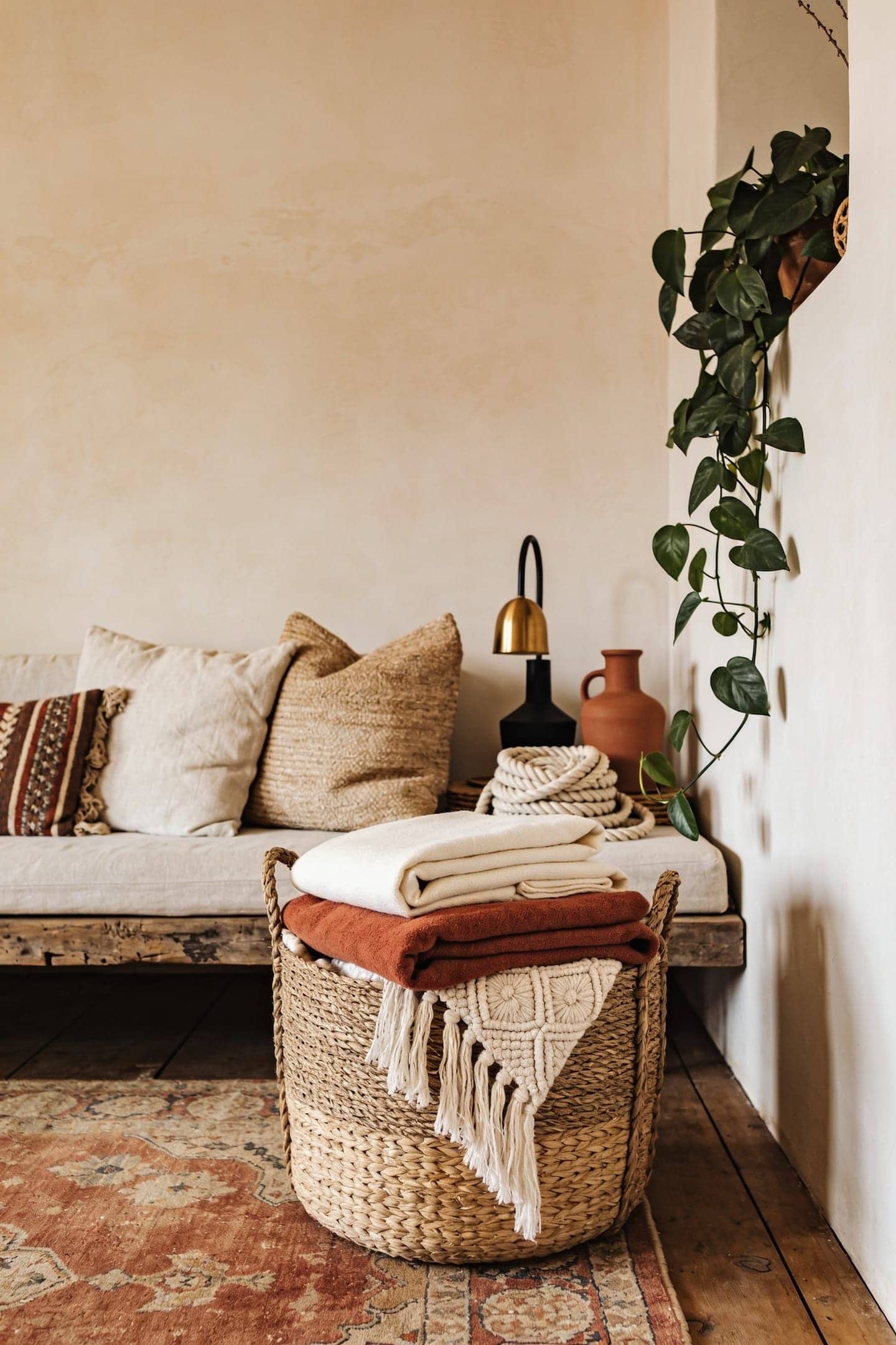 budget woven storage baskets styled in a boho living room