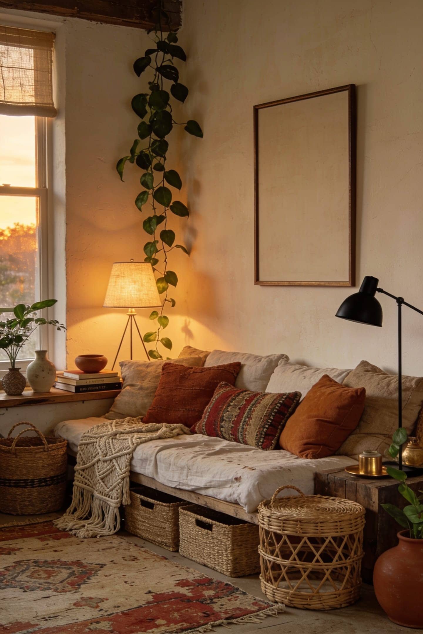 boho living room layered with rattan, woven baskets and plants