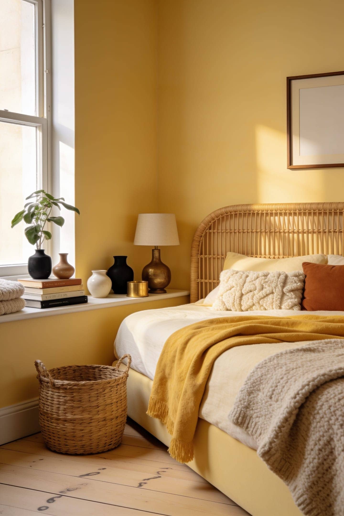 butter yellow bedroom, styled