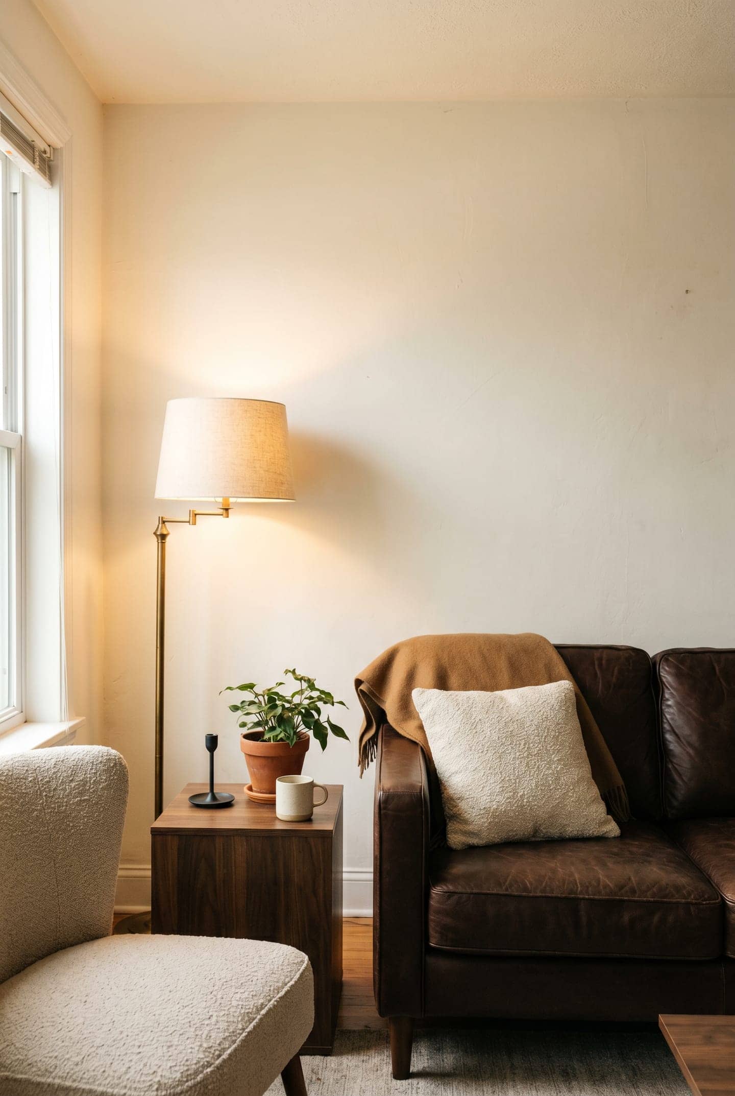chocolate brown living room, styled