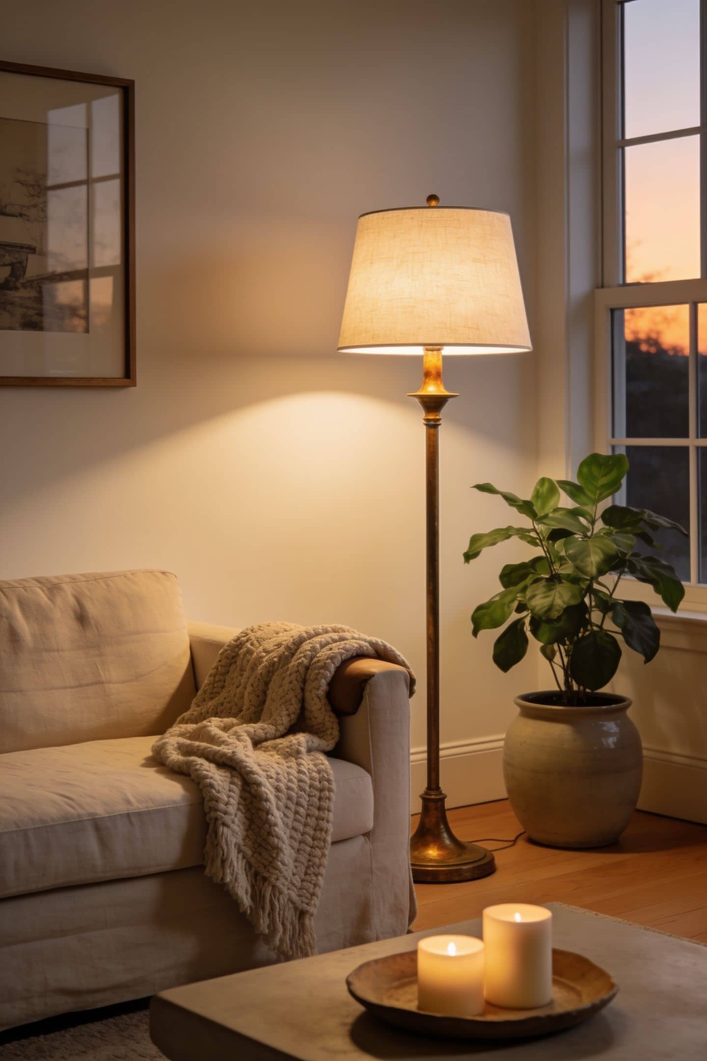 cozy living room glowing with layered warm lamp light at dusk