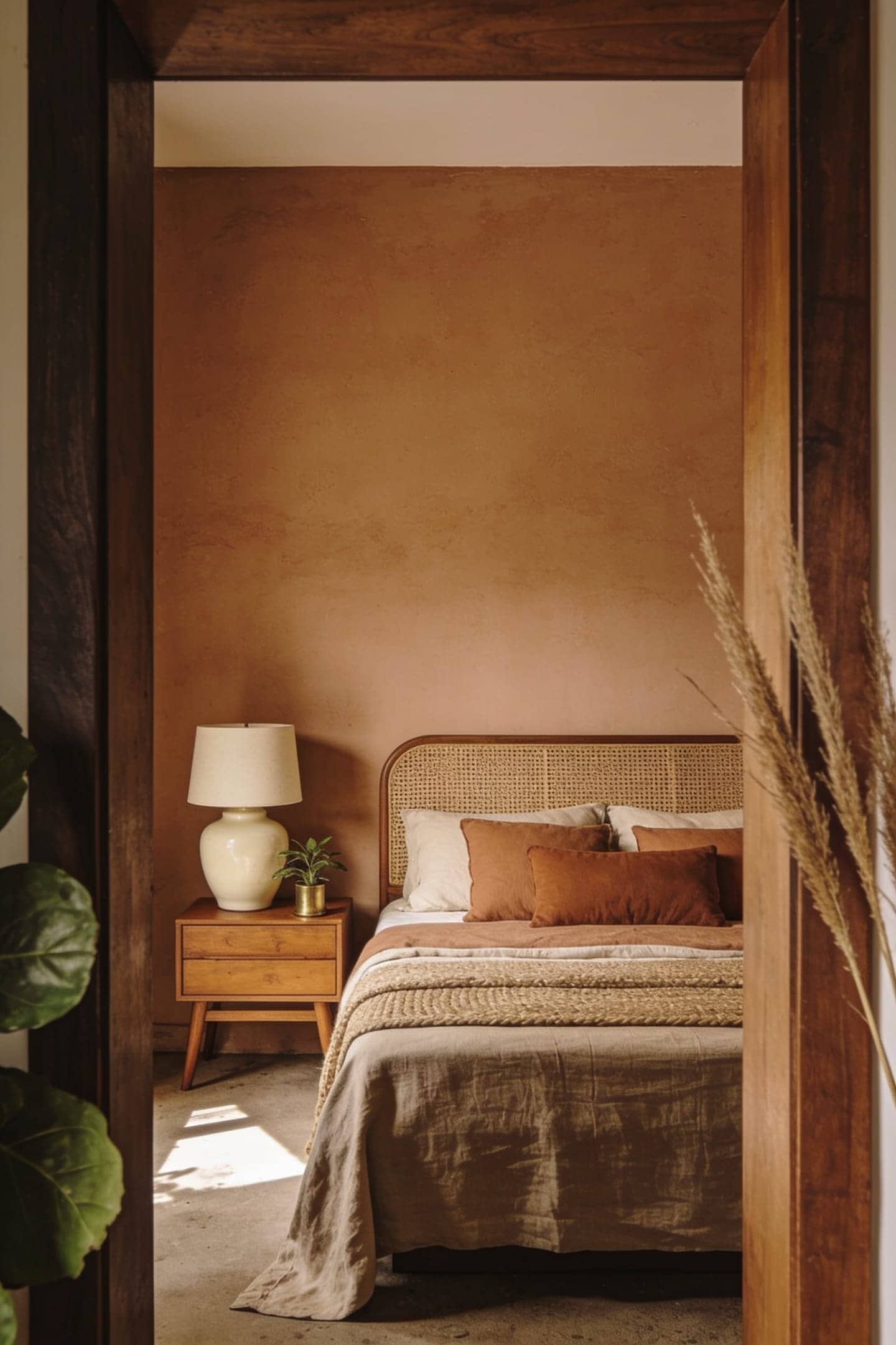 earthy bedroom in warm clay and oatmeal tones, wood and linen, soft daylight