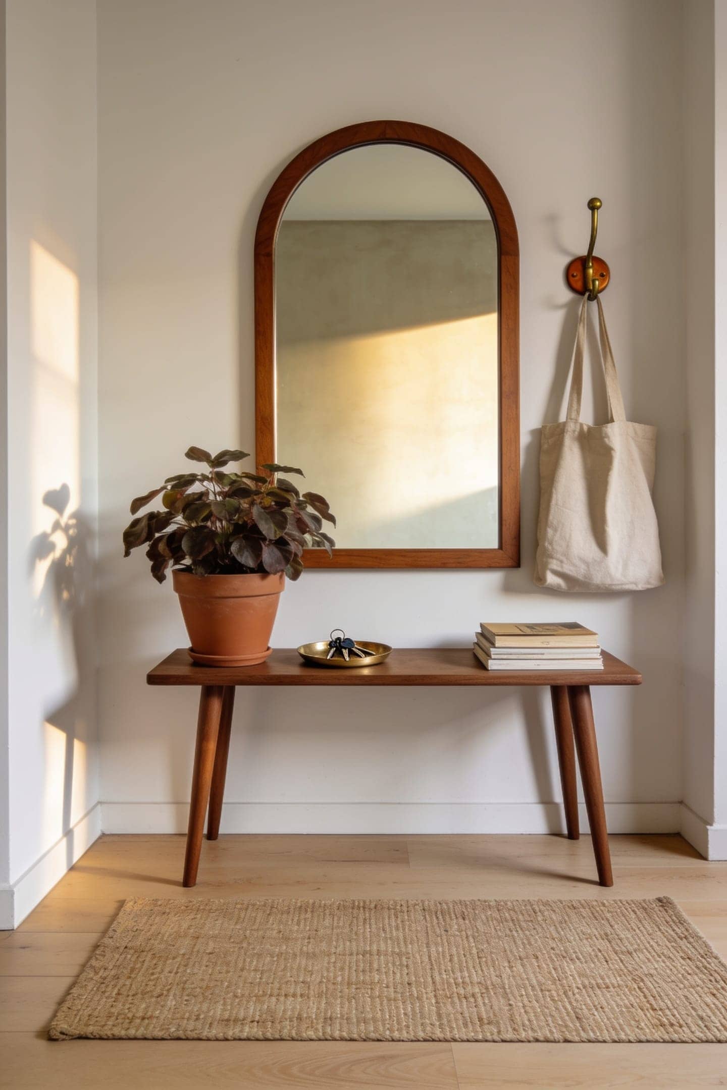 arched mirror above a narrow console in a warm apartment entryway