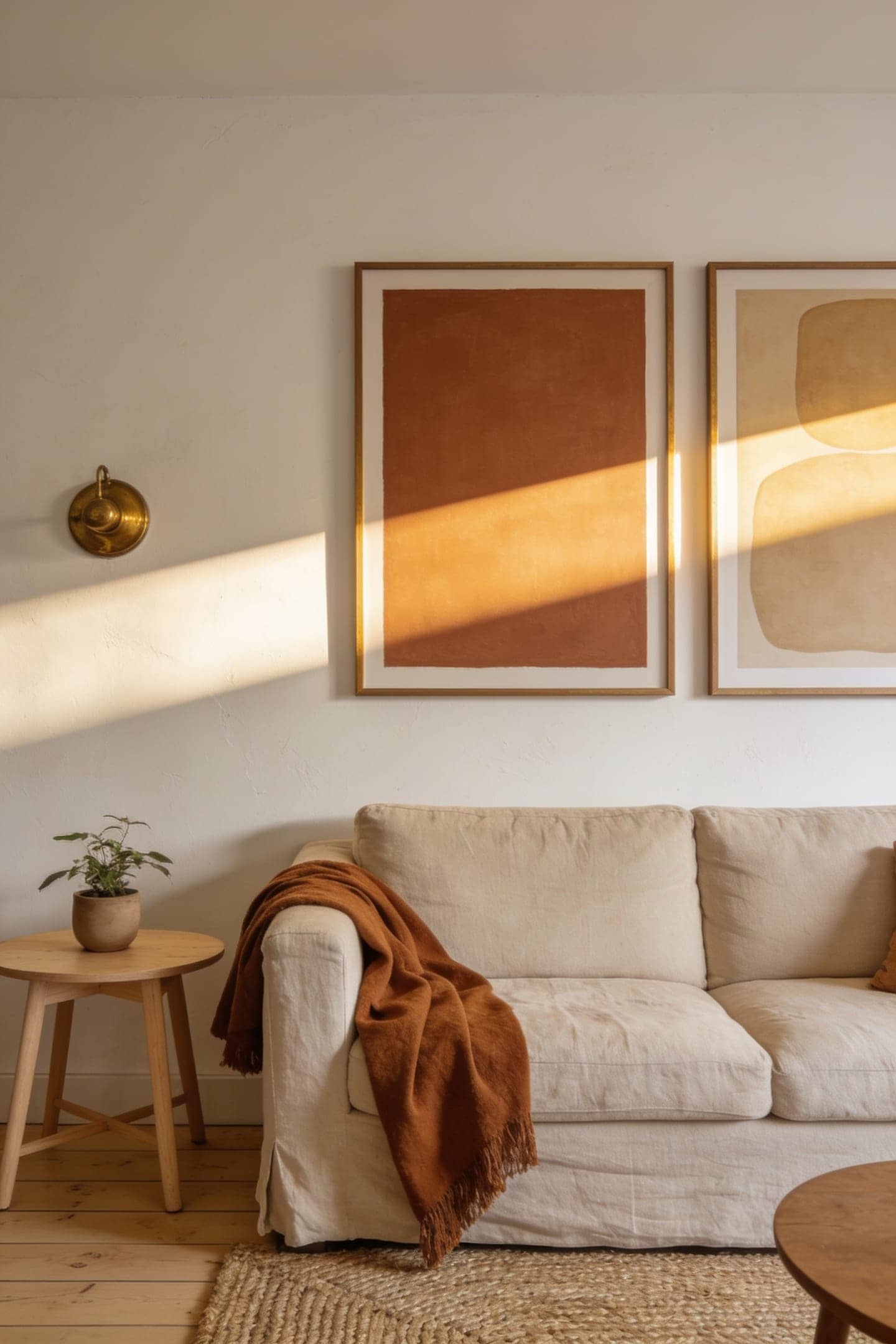 curated gallery wall over a neutral sofa, warm wood frames, soft daylight