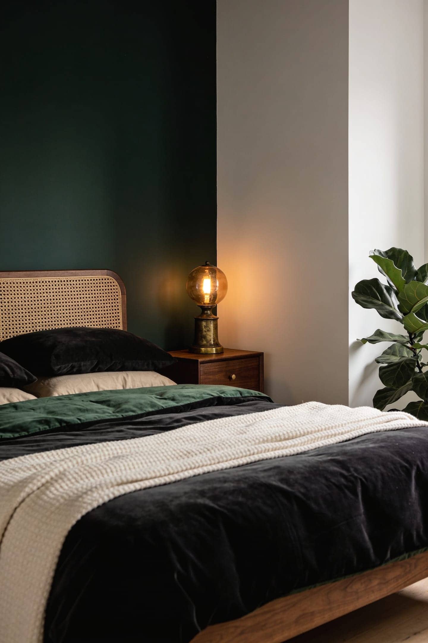 moody bedroom in deep charcoal green, warm lamp glow at night