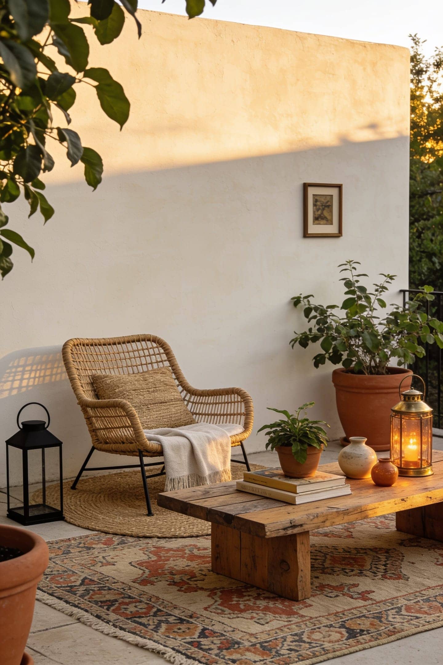 styled patio with a rug, plants and lanterns at golden hour