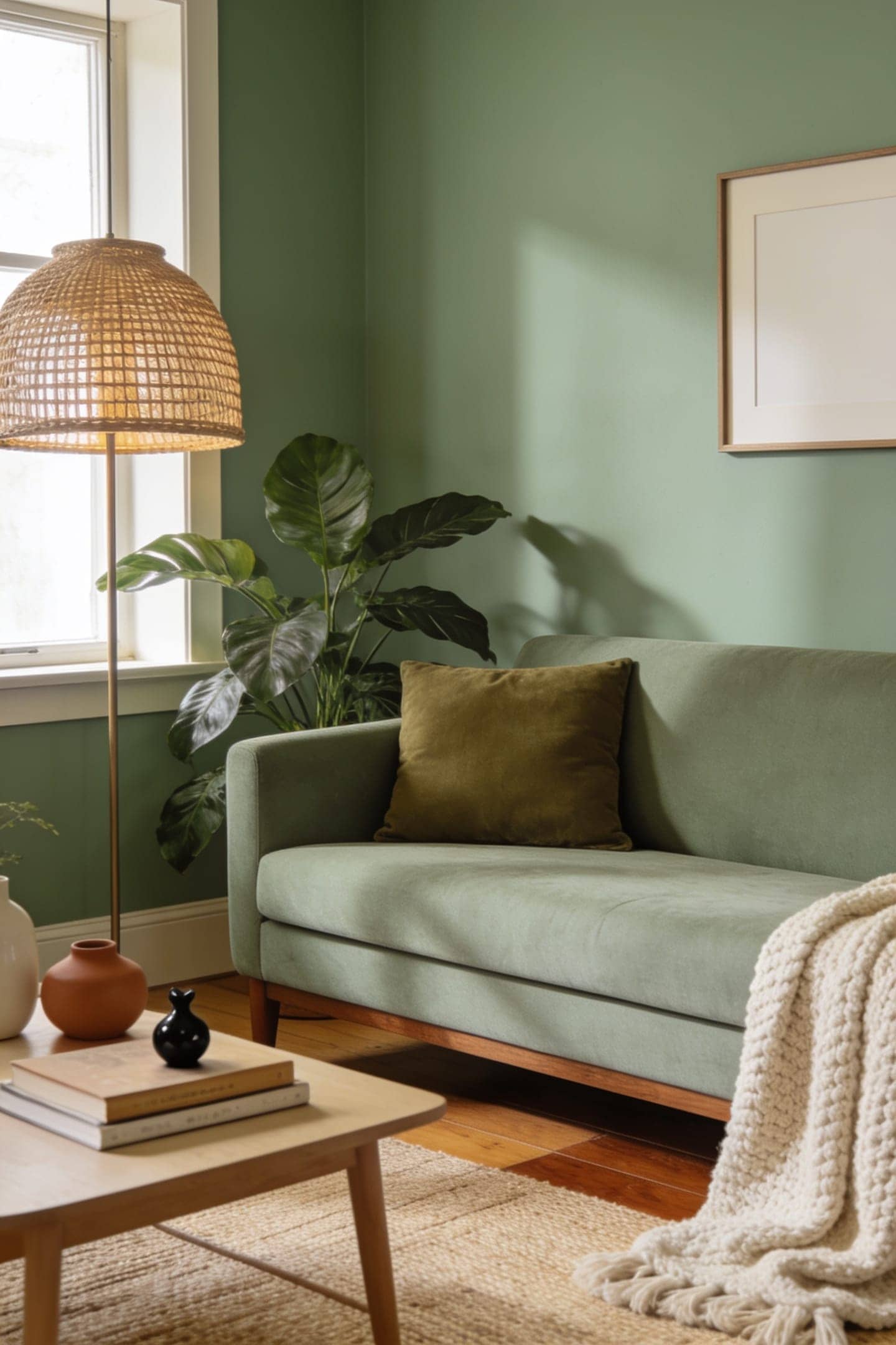 sage green living room, styled