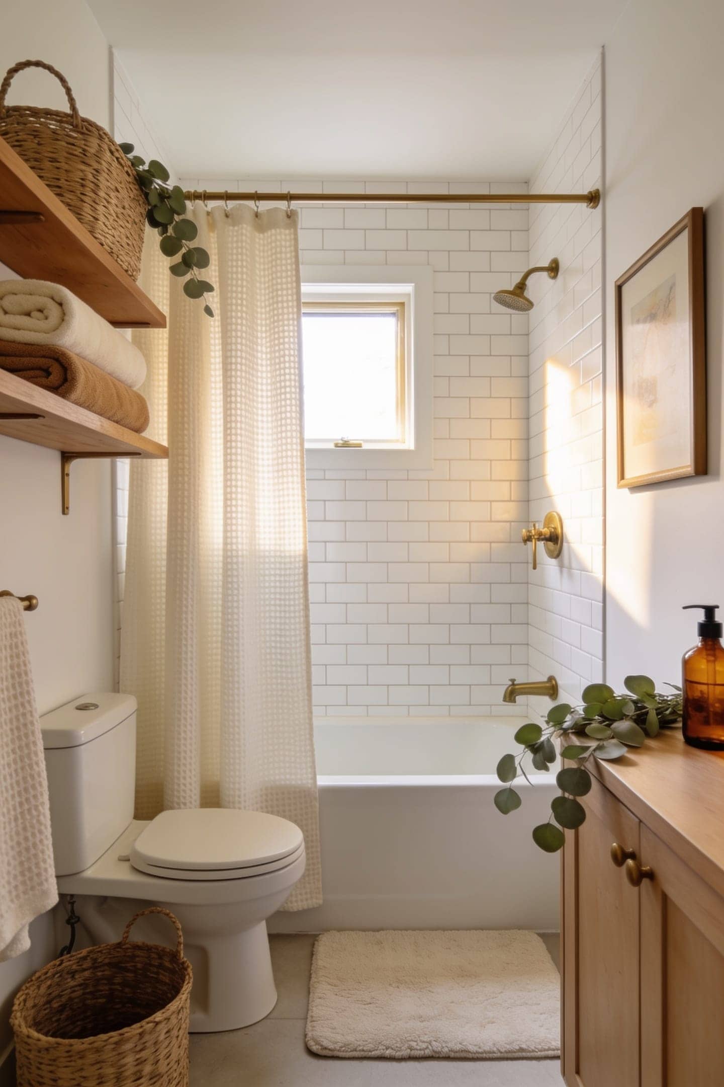 small rental bathroom with a fabric shower curtain, over-toilet shelf and a warm bath mat