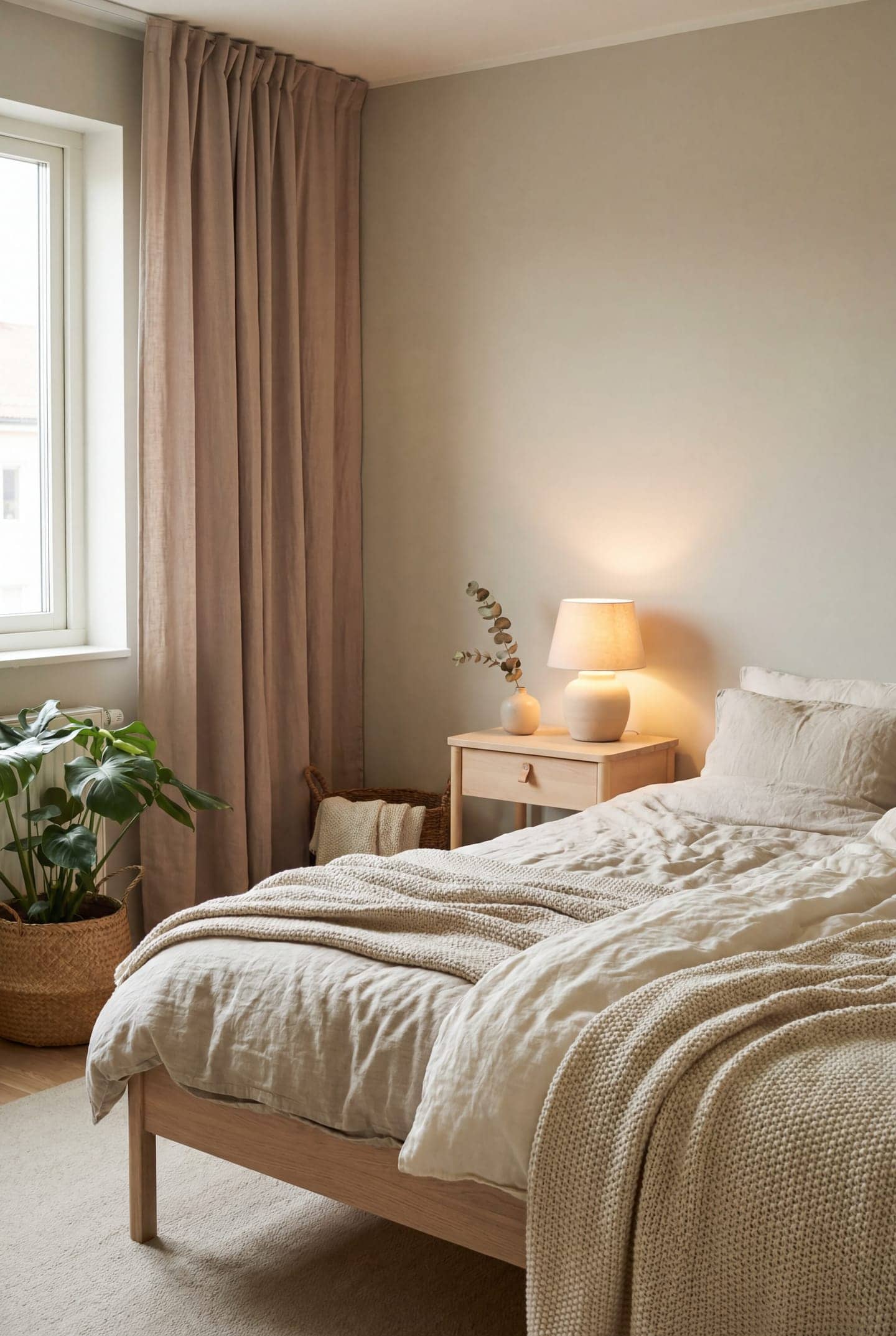 calm small bedroom, neutral tones