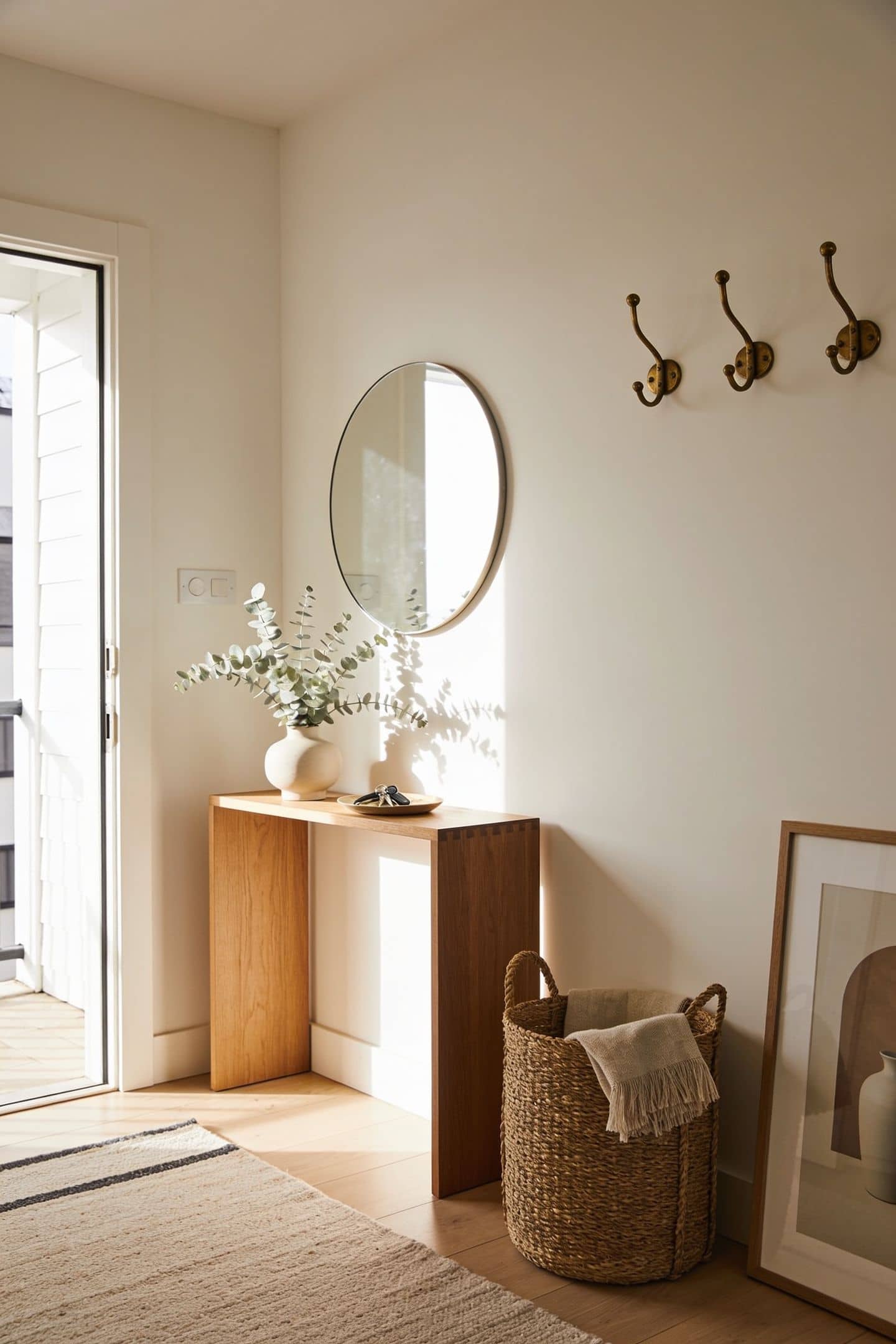 small apartment entryway with a narrow console, mirror and runner by the door