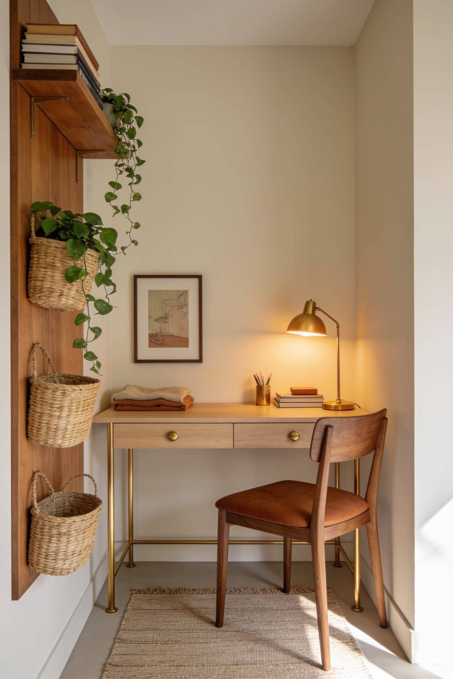 small home office set up in the corner of an apartment with a narrow desk, shelf and warm lamp