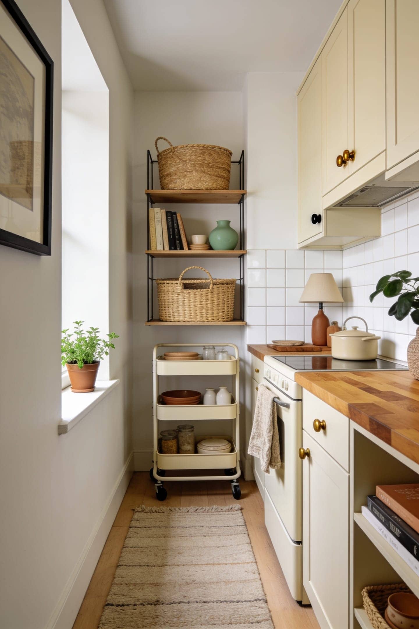 small rental kitchen with a rolling cart, a runner rug and warm under-cabinet light