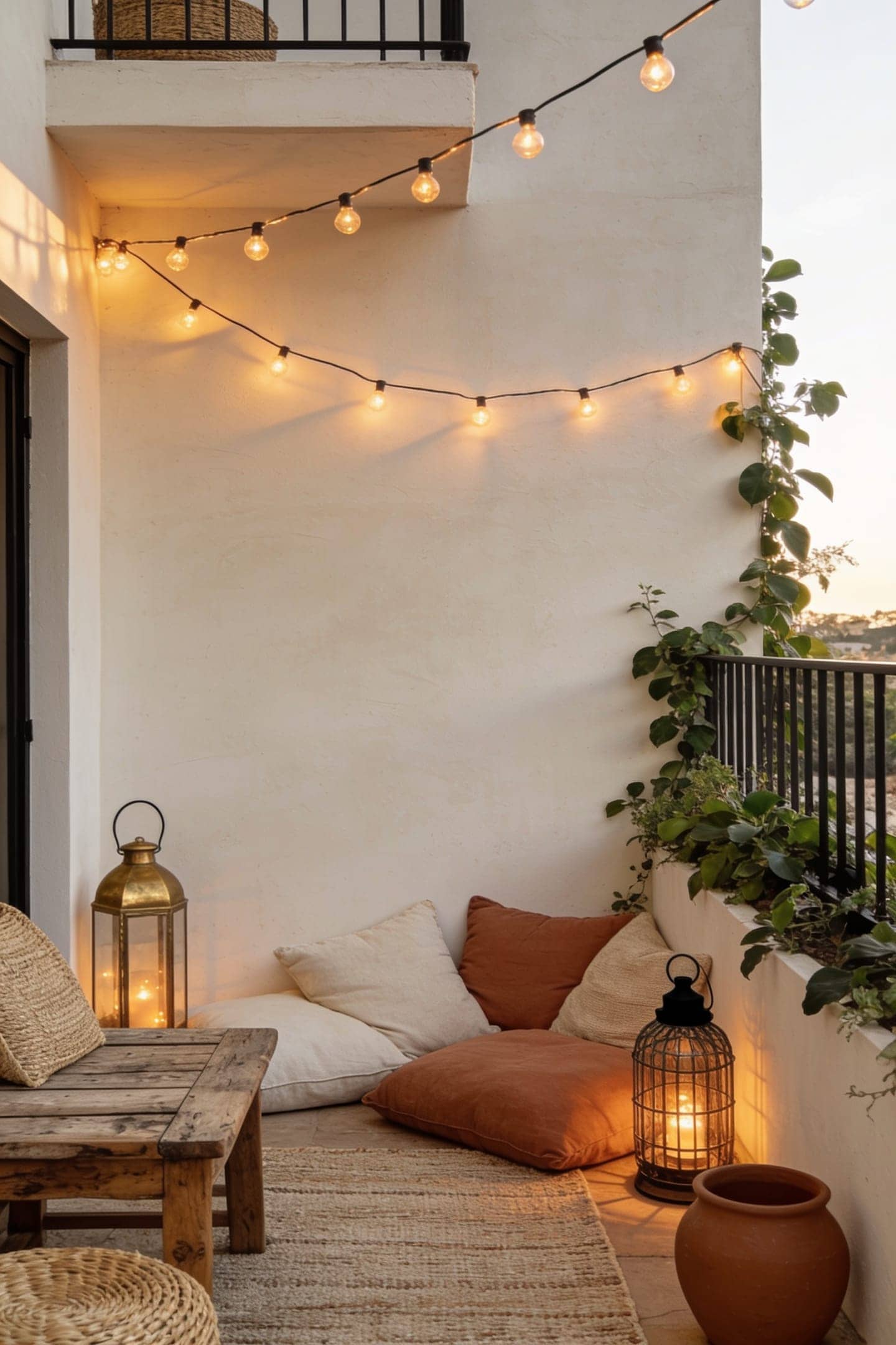 small styled patio at dusk with string lights