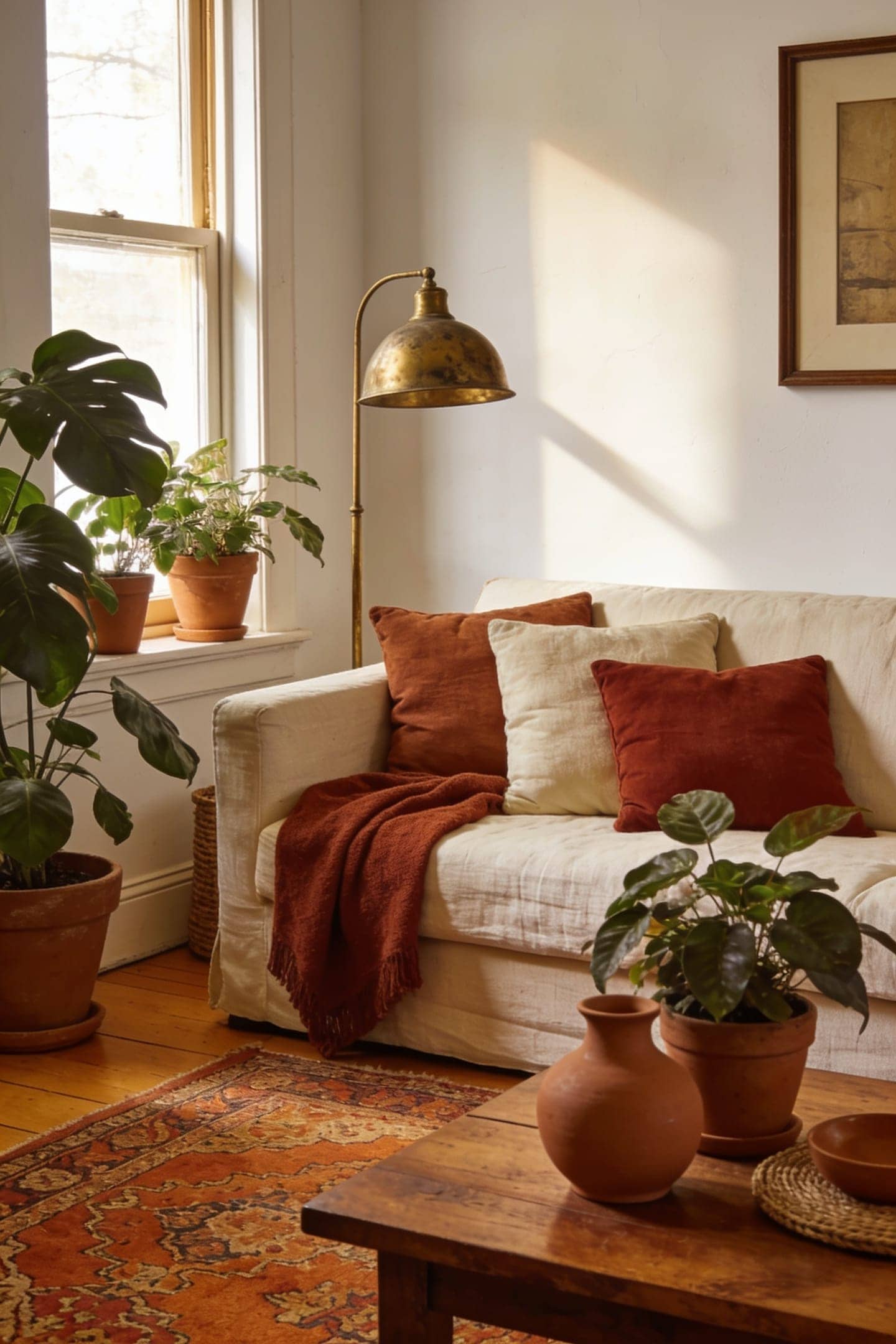 terracotta living room with clay-toned pillows, warm wood and greenery
