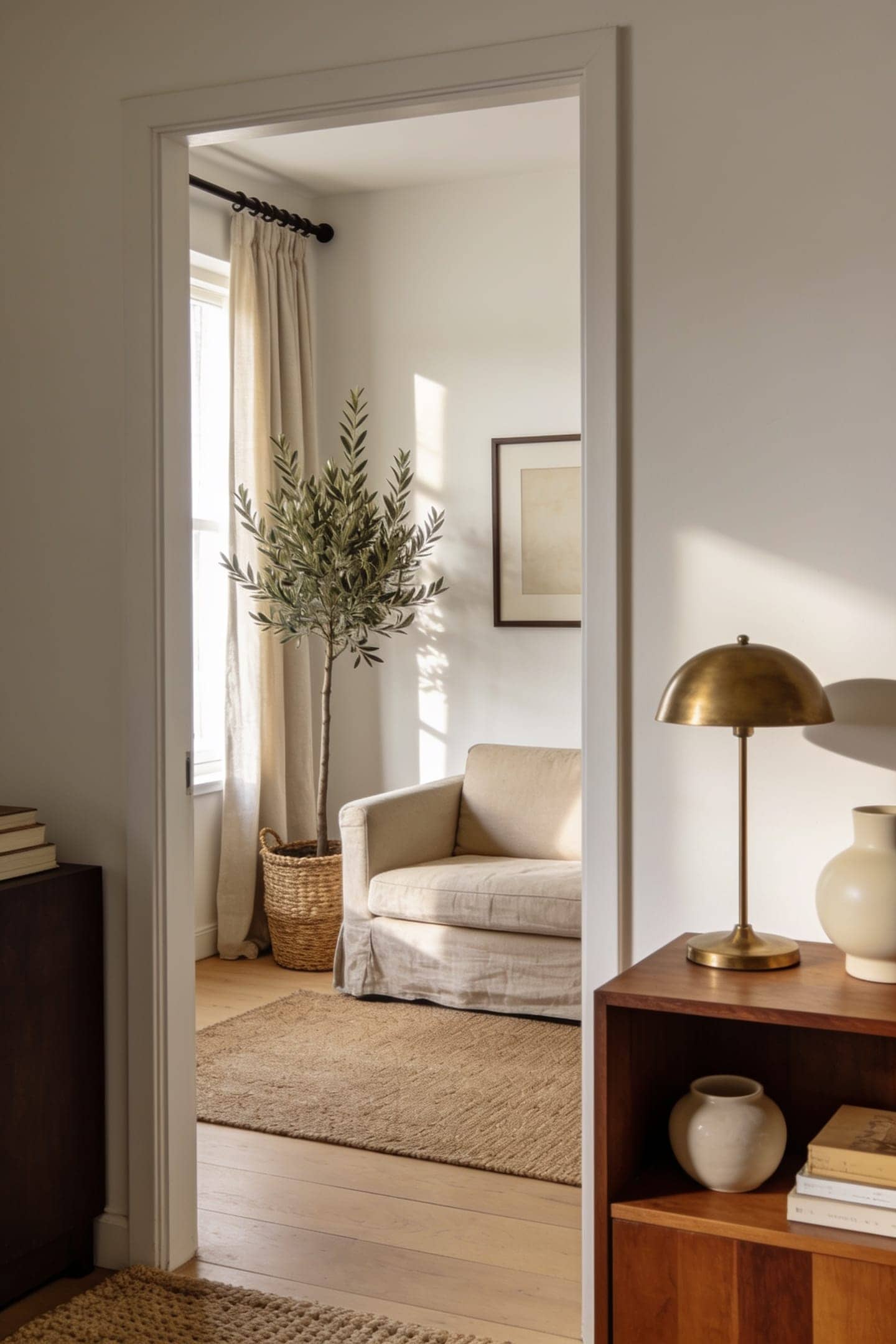 warm neutral living room with layered cream, oat and one deep espresso piece